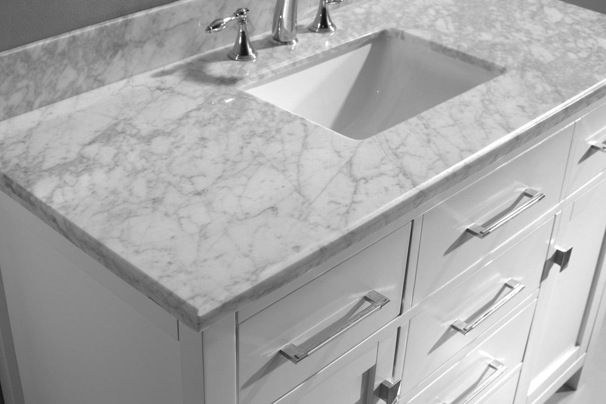 MS-2048-WMSQ-WH White Caroline 48" Single Bath Vanity Set with Italian Carrara White Marble Top & Rectangular Centered Basin, Mirror up