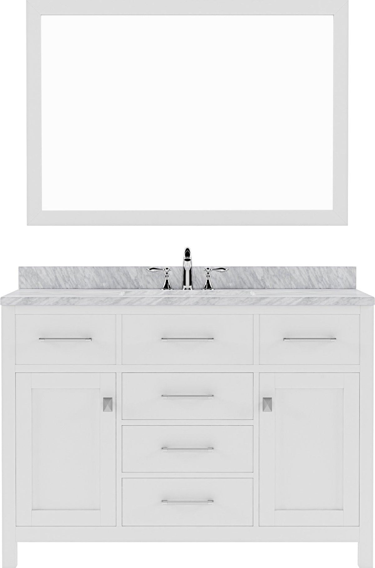 MS-2048-WMSQ-WH White Caroline 48" Single Bath Vanity Set with Italian Carrara White Marble Top & Rectangular Centered Basin, Mirror