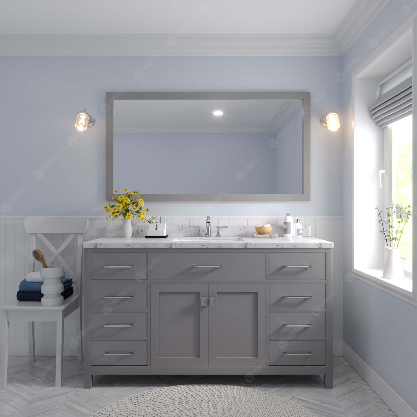 Caroline 60" Single Bath Vanity Set with Cultured Marble Quartz Top & Oval Centered Basin