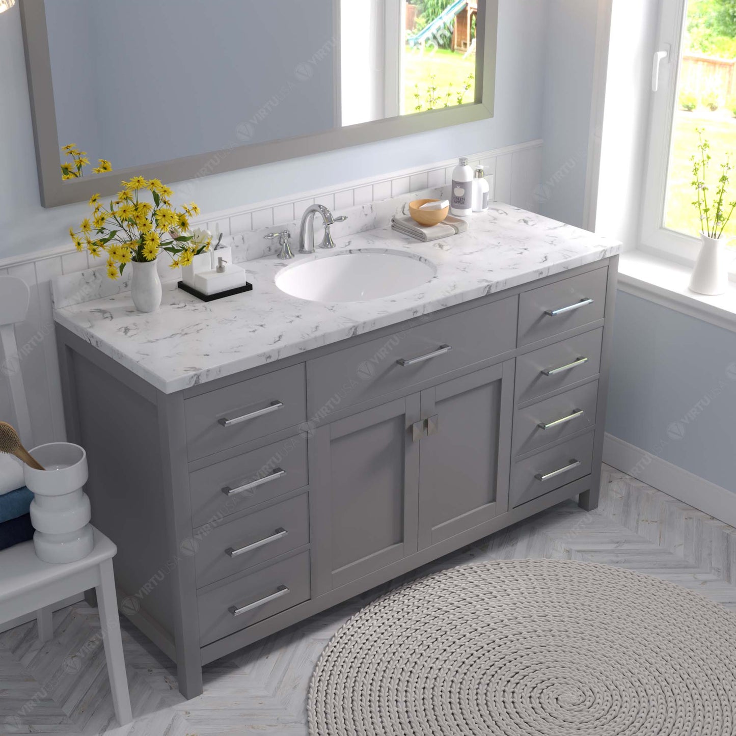 Caroline 60" Single Bath Vanity Set with Cultured Marble Quartz Top & Oval Centered Basin