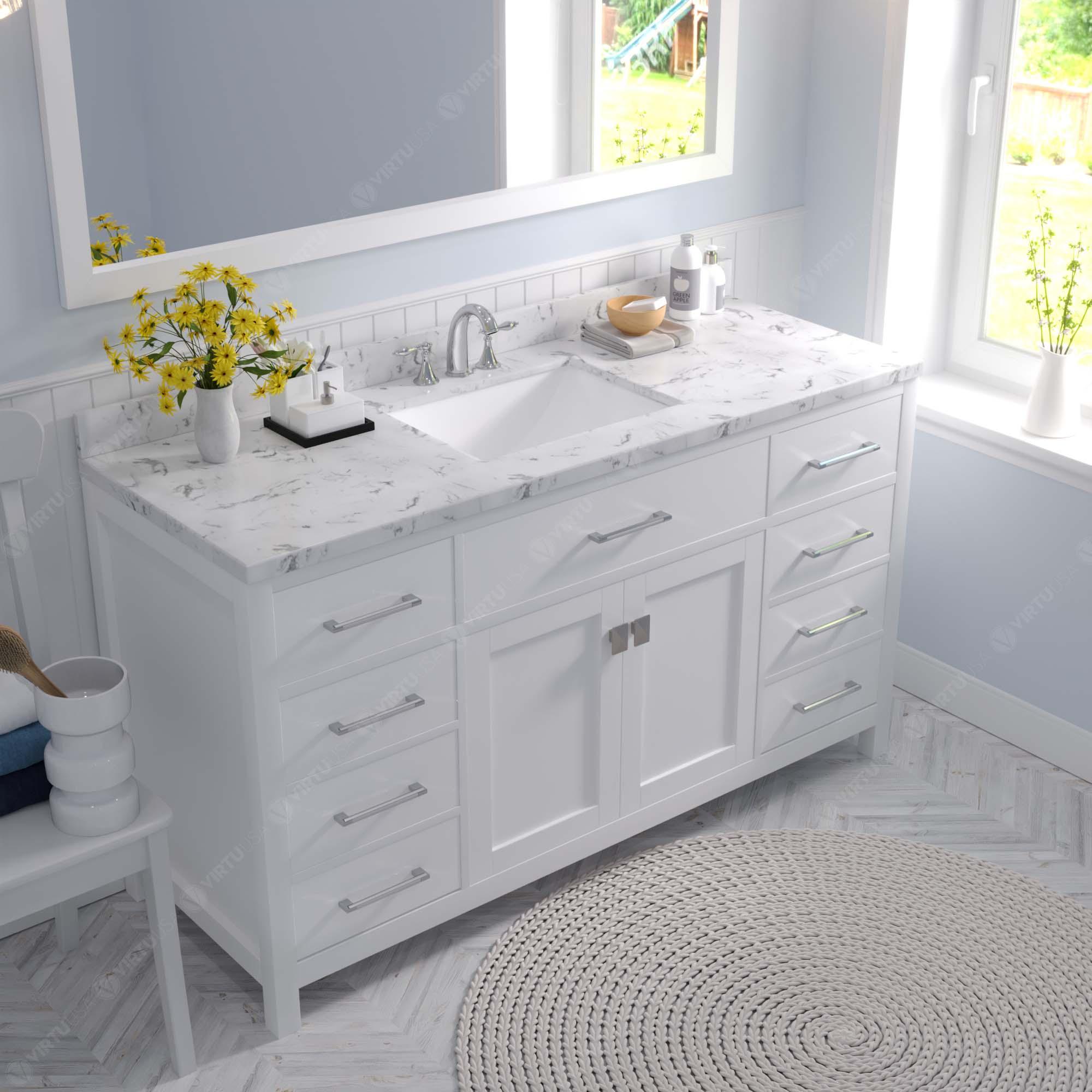 Caroline 60" Single Bath Vanity Set with Cultured Marble Quartz Top & Rectangular Centered Basin