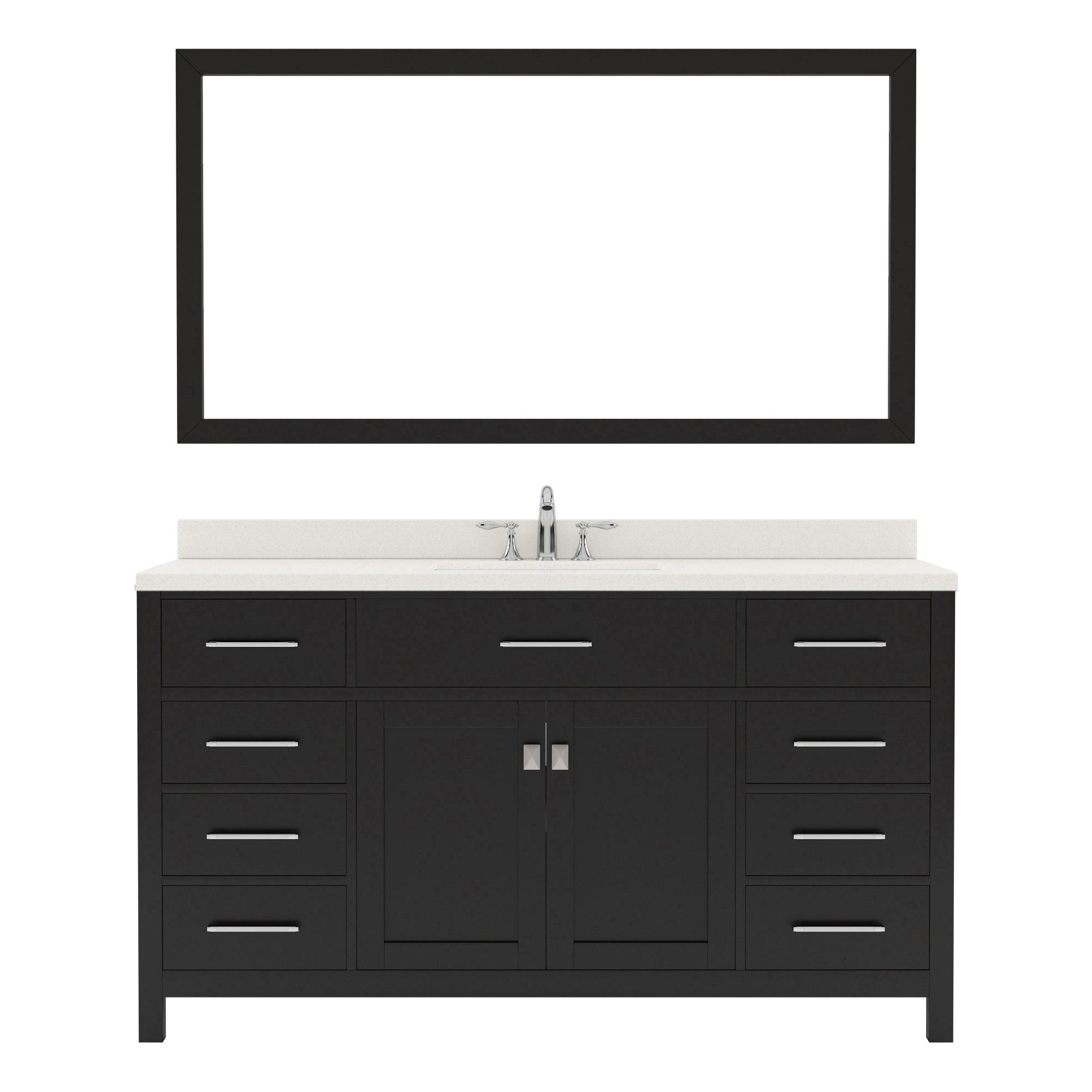 MS-2060-DWQRO-ES Espresso Caroline 60" Single Bath Vanity Set with Dazzle White Quartz Top & Oval Centered Basin, Mirror