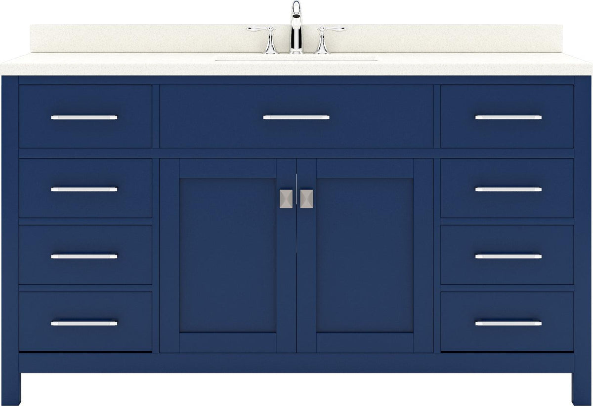 MS-2060-DWQRO-FB Blue Caroline 60" Single Bath Vanity Set with Dazzle White Quartz Top & Oval Centered Basin