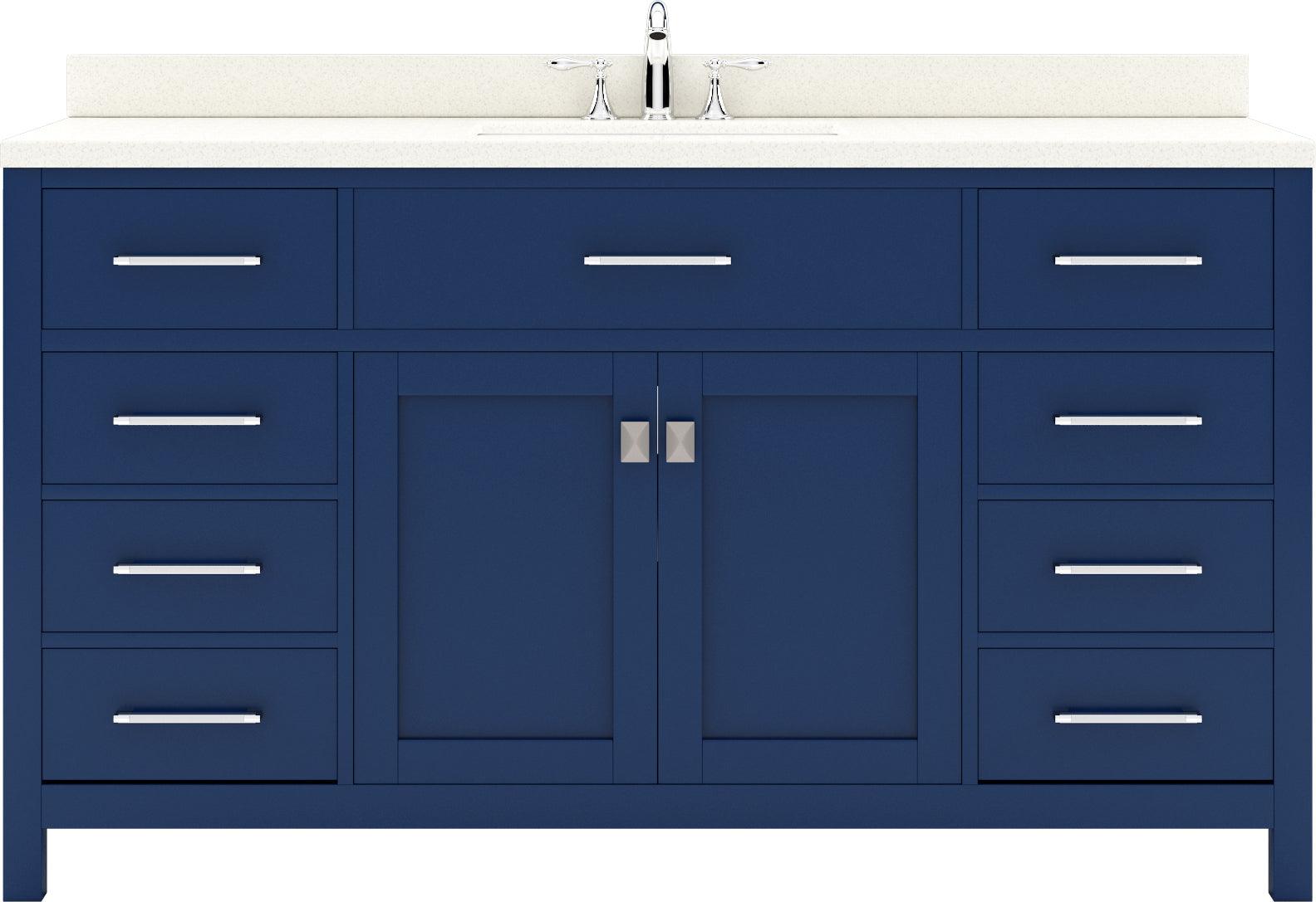 MS-2060-DWQRO-FB Blue Caroline 60" Single Bath Vanity Set with Dazzle White Quartz Top & Oval Centered Basin