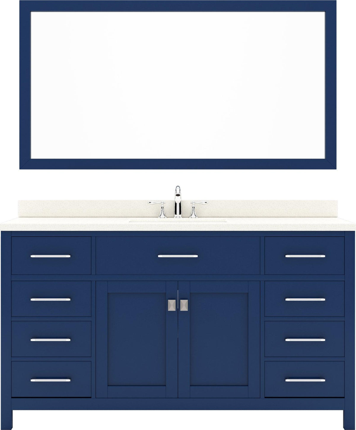 MS-2060-DWQRO-FB Blue Caroline 60" Single Bath Vanity Set with Dazzle White Quartz Top & Oval Centered Basin, Mirror