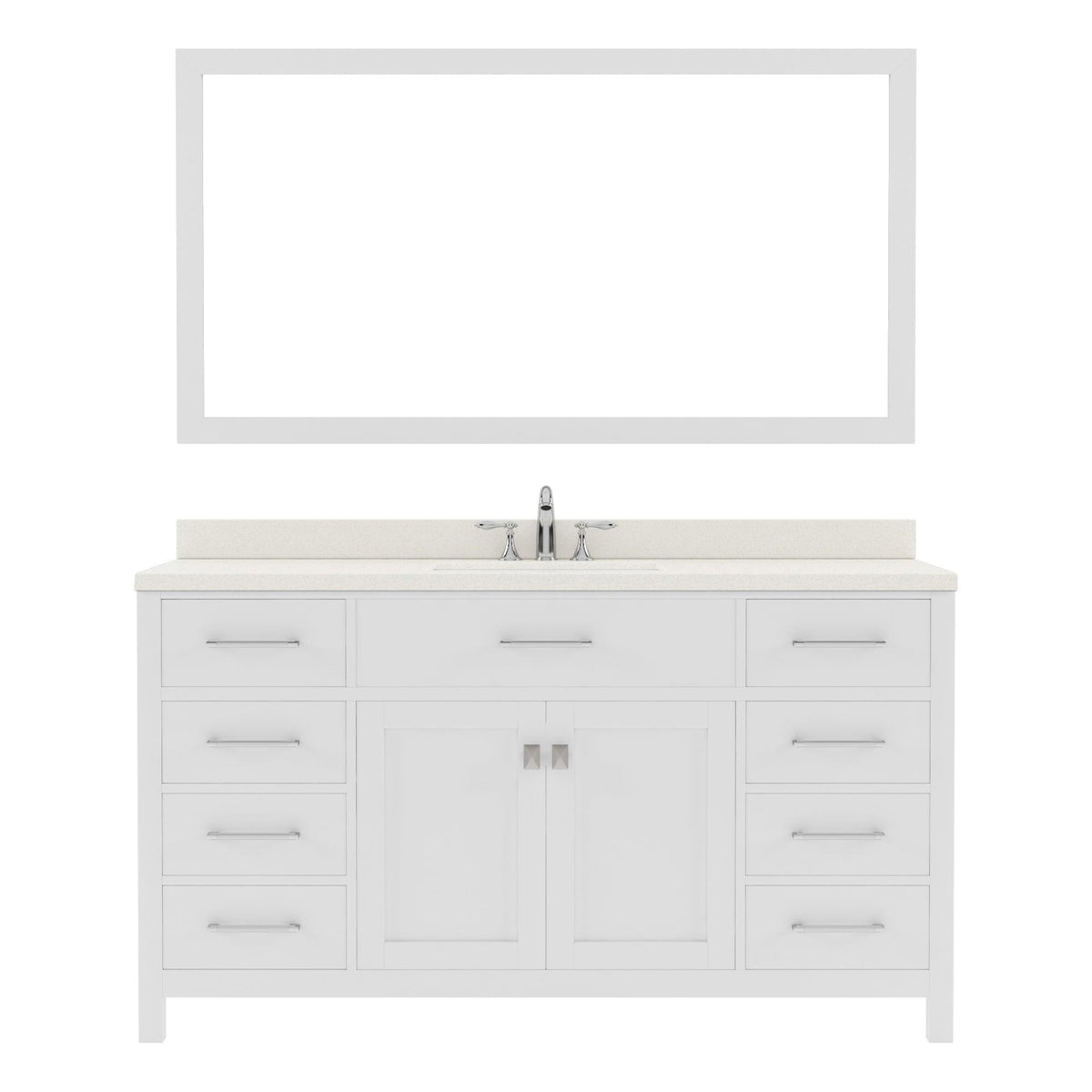 MS-2060-DWQRO-WH White Caroline 60" Single Bath Vanity Set with Dazzle White Quartz Top & Oval Centered Basin, Mirror