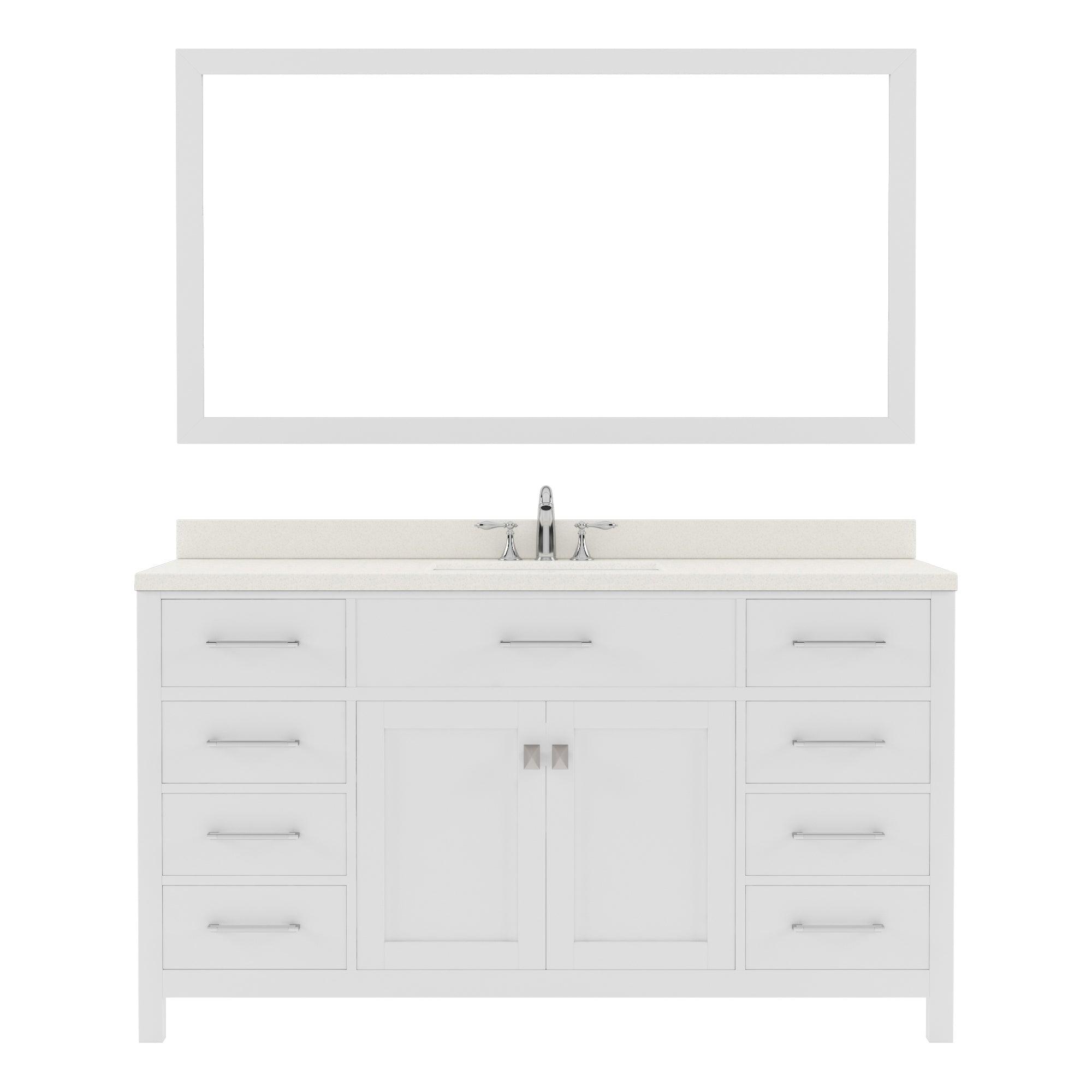 MS-2060-DWQRO-WH White Caroline 60" Single Bath Vanity Set with Dazzle White Quartz Top & Oval Centered Basin, Mirror