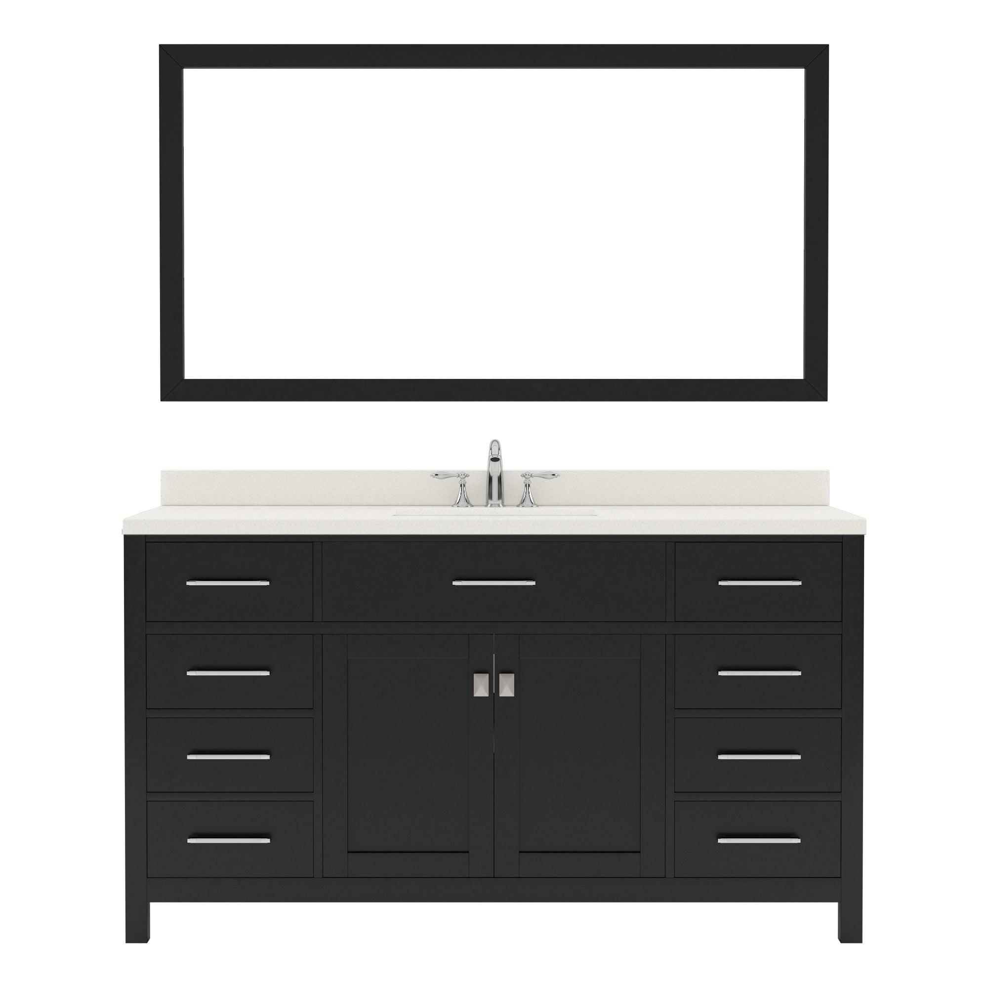MS-2060-DWQSQ-ES Espresso Caroline 60" Single Bath Vanity Set with Dazzle White Quartz Top & Rectangular Centered Basin, Mirror