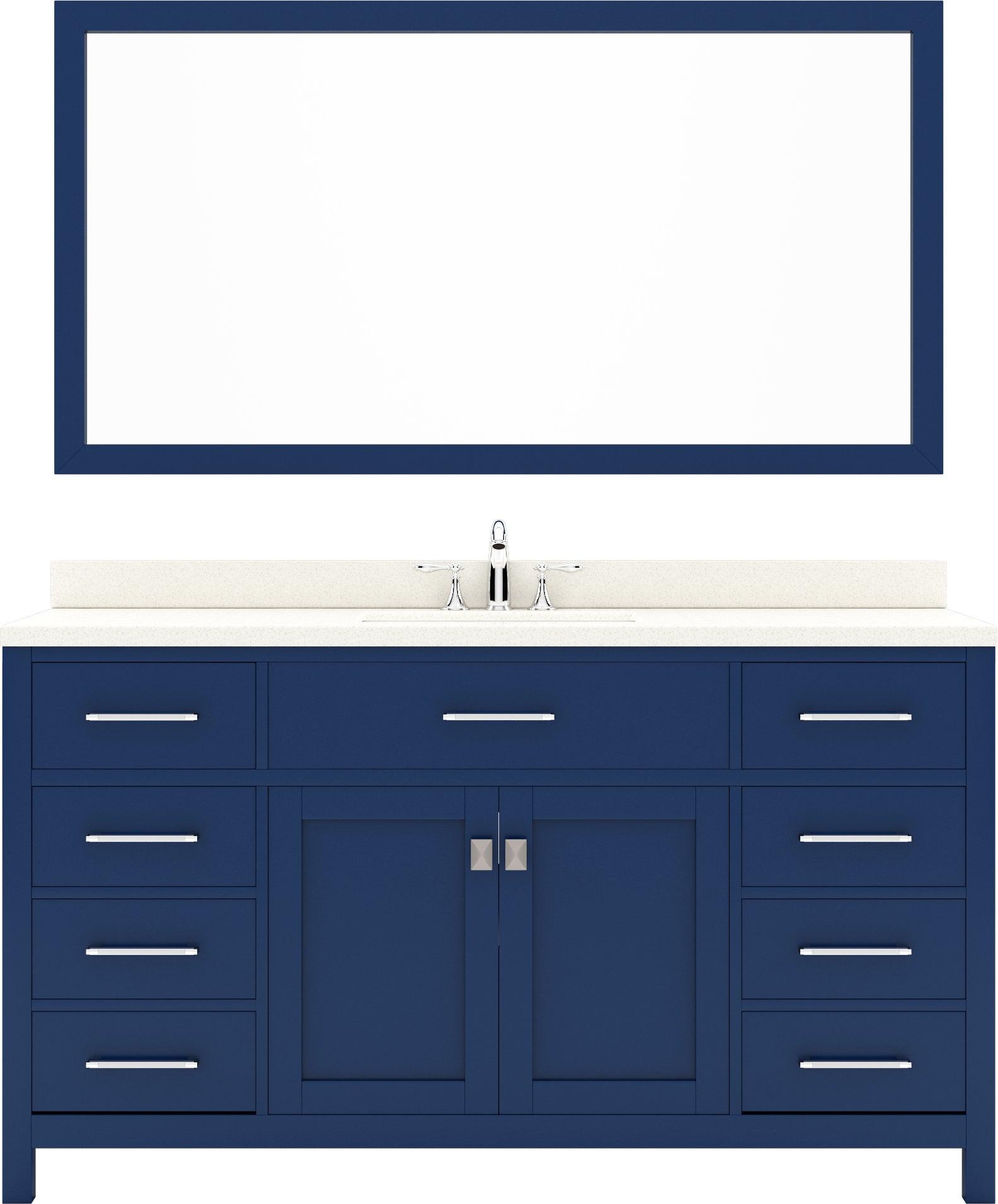 MS-2060-DWQSQ-FB Blue Caroline 60" Single Bath Vanity Set with Dazzle White Quartz Top & Rectangular Centered Basin, Mirror