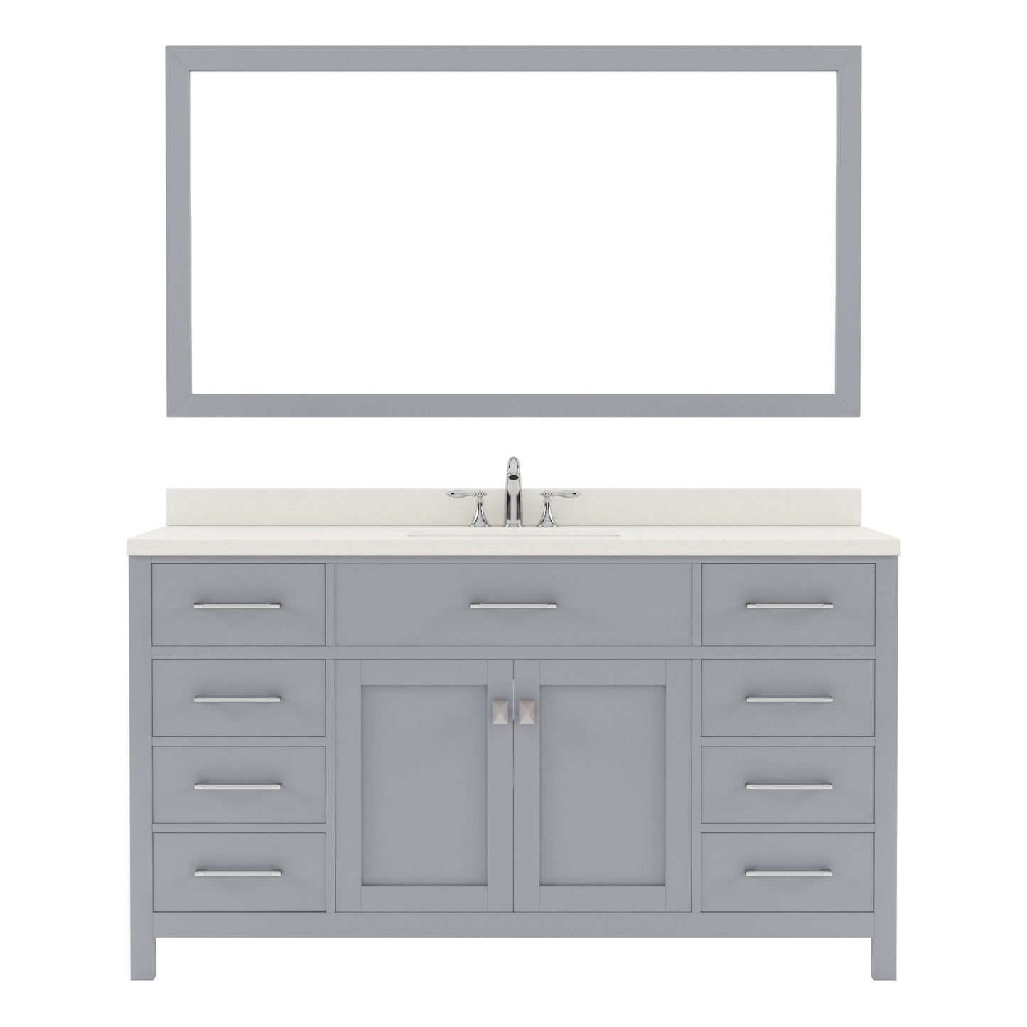 MS-2060-DWQSQ-GR Gray Caroline 60" Single Bath Vanity Set with Dazzle White Quartz Top & Rectangular Centered Basin, Mirror