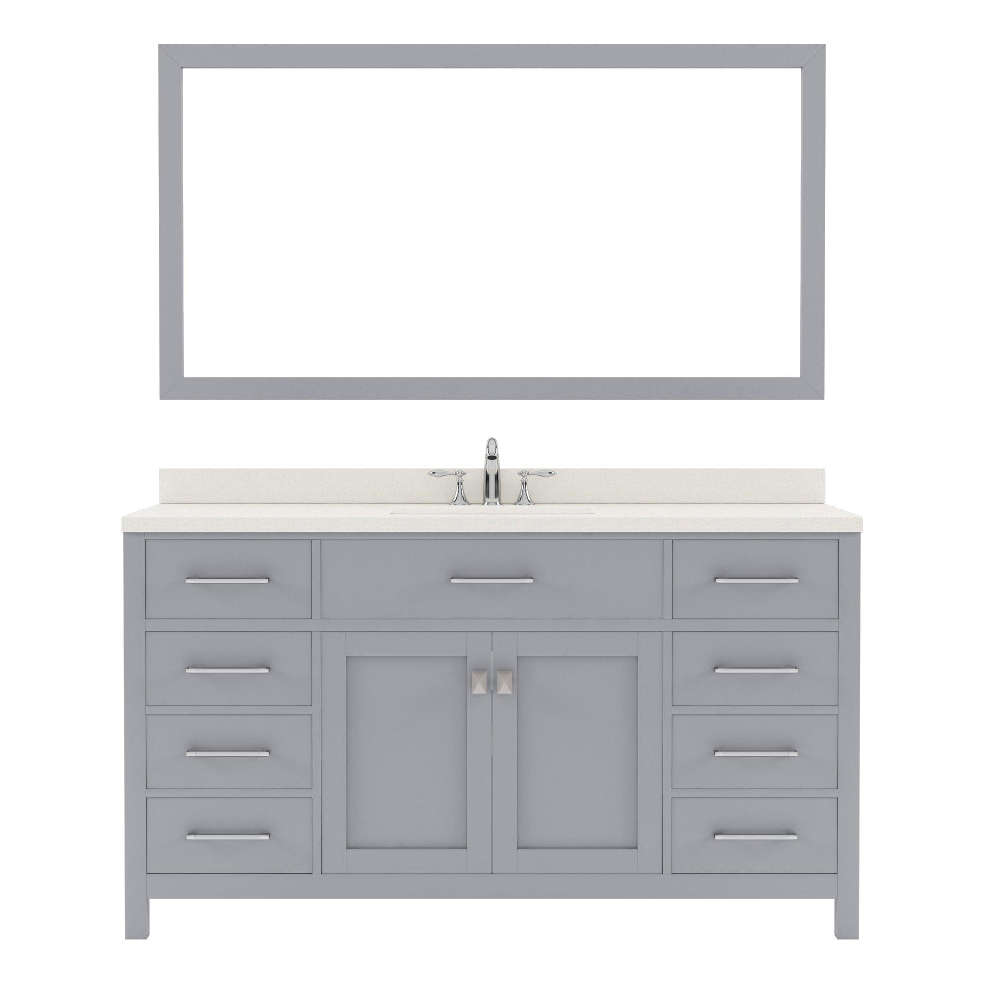 MS-2060-DWQSQ-GR Gray Caroline 60" Single Bath Vanity Set with Dazzle White Quartz Top & Rectangular Centered Basin, Mirror