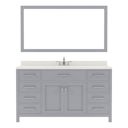 MS-2060-DWQSQ-GR Gray Caroline 60" Single Bath Vanity Set with Dazzle White Quartz Top & Rectangular Centered Basin, Mirror