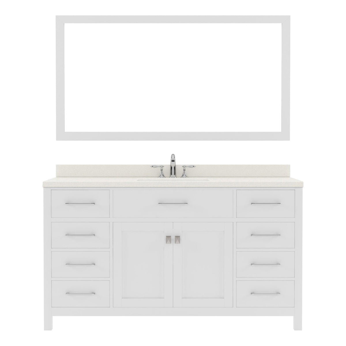 MS-2060-DWQSQ-WH White Caroline 60" Single Bath Vanity Set with Dazzle White Quartz Top & Rectangular Centered Basin, Mirror