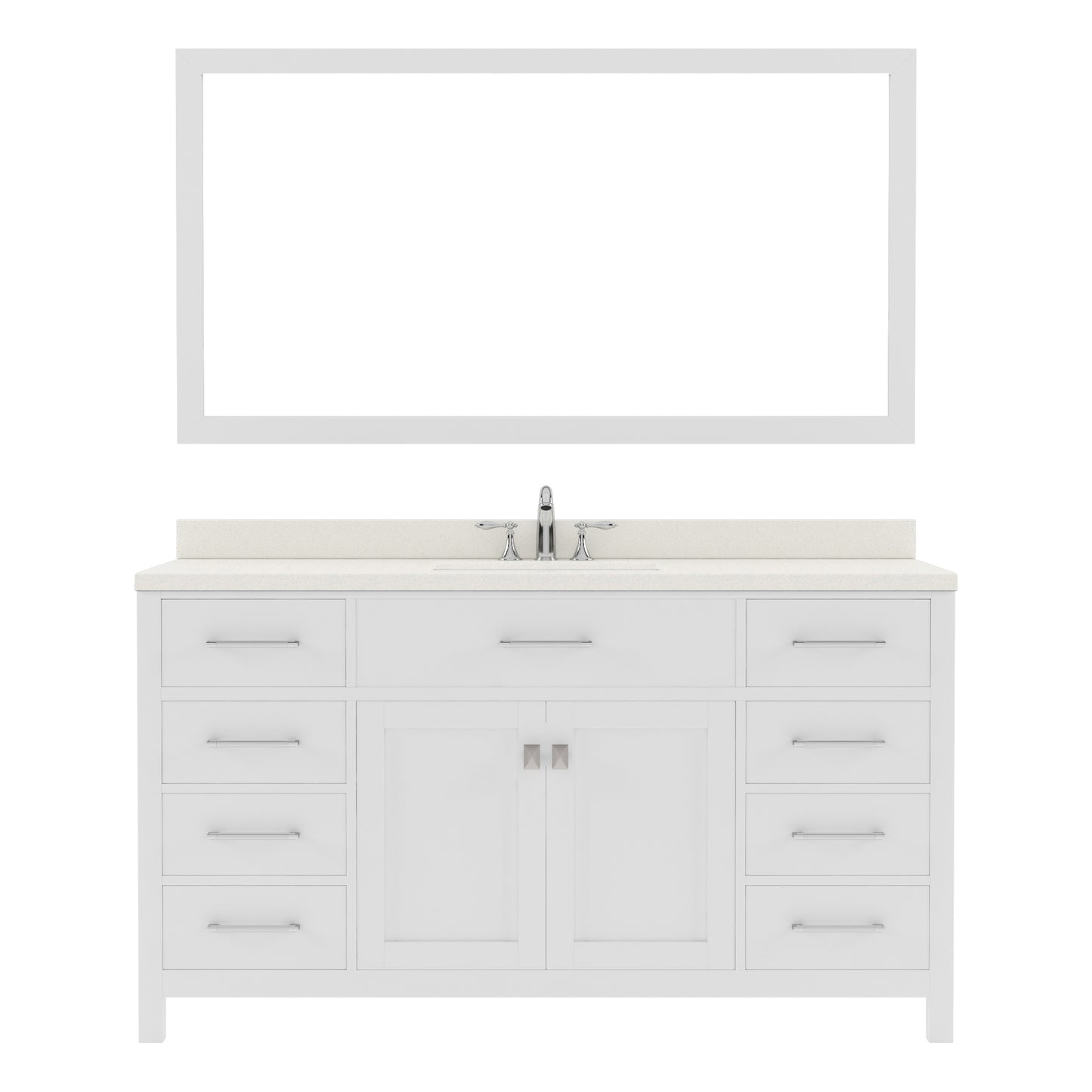 MS-2060-DWQSQ-WH White Caroline 60" Single Bath Vanity Set with Dazzle White Quartz Top & Rectangular Centered Basin, Mirror