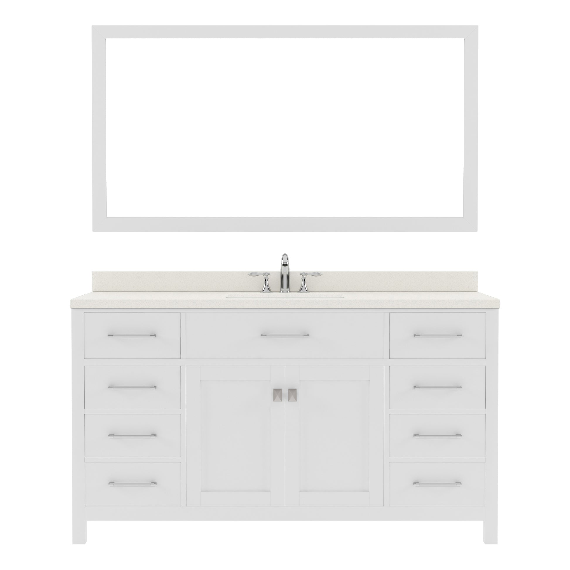 MS-2060-DWQSQ-WH White Caroline 60" Single Bath Vanity Set with Dazzle White Quartz Top & Rectangular Centered Basin, Mirror