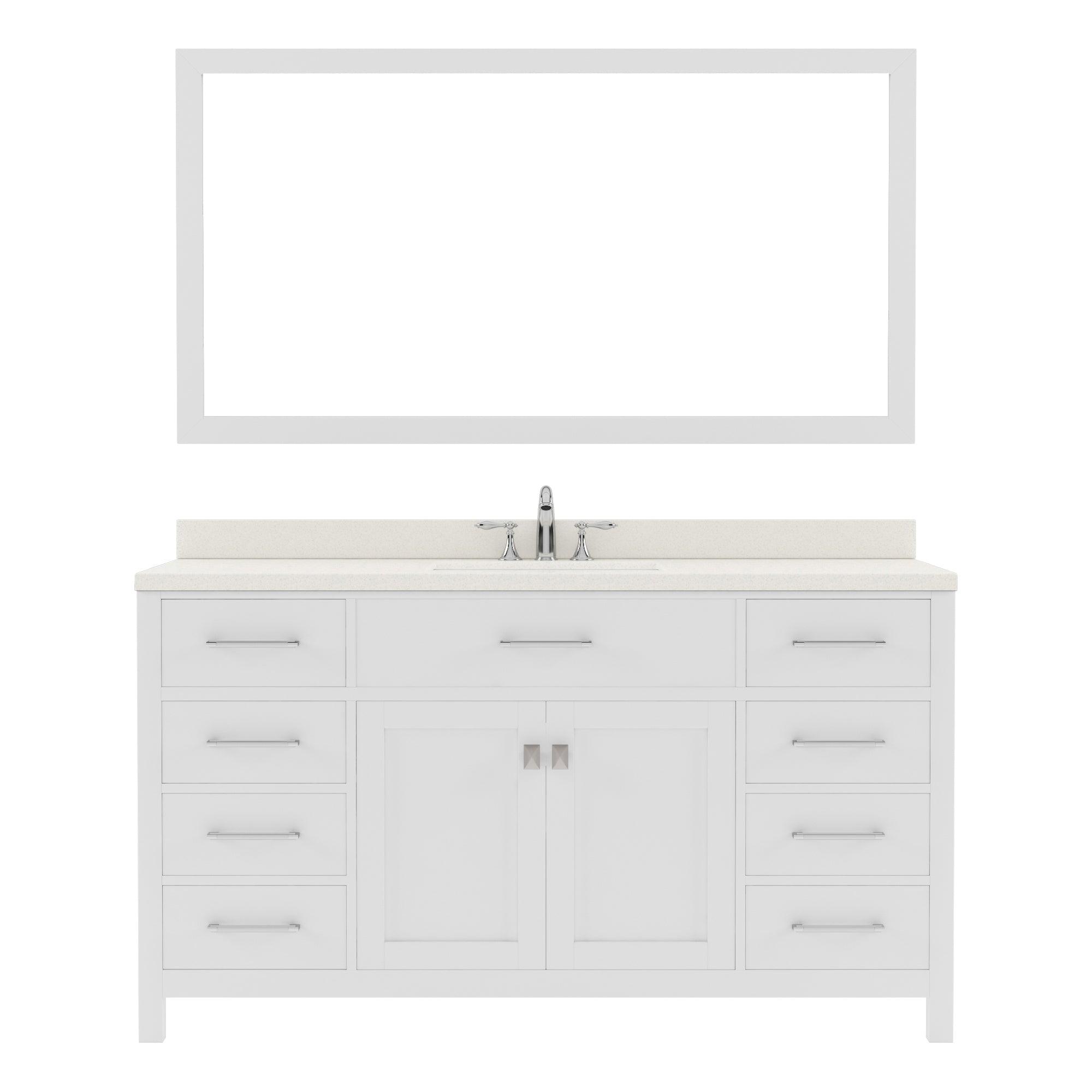 MS-2060-DWQSQ-WH White Caroline 60" Single Bath Vanity Set with Dazzle White Quartz Top & Rectangular Centered Basin, Mirror