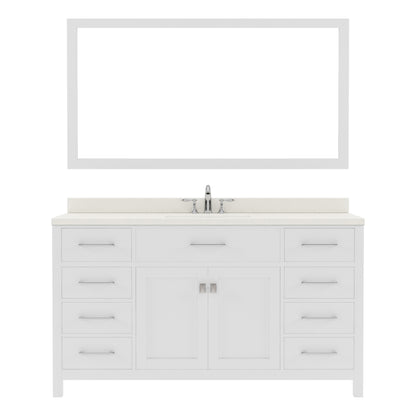 MS-2060-DWQSQ-WH White Caroline 60" Single Bath Vanity Set with Dazzle White Quartz Top & Rectangular Centered Basin, Mirror