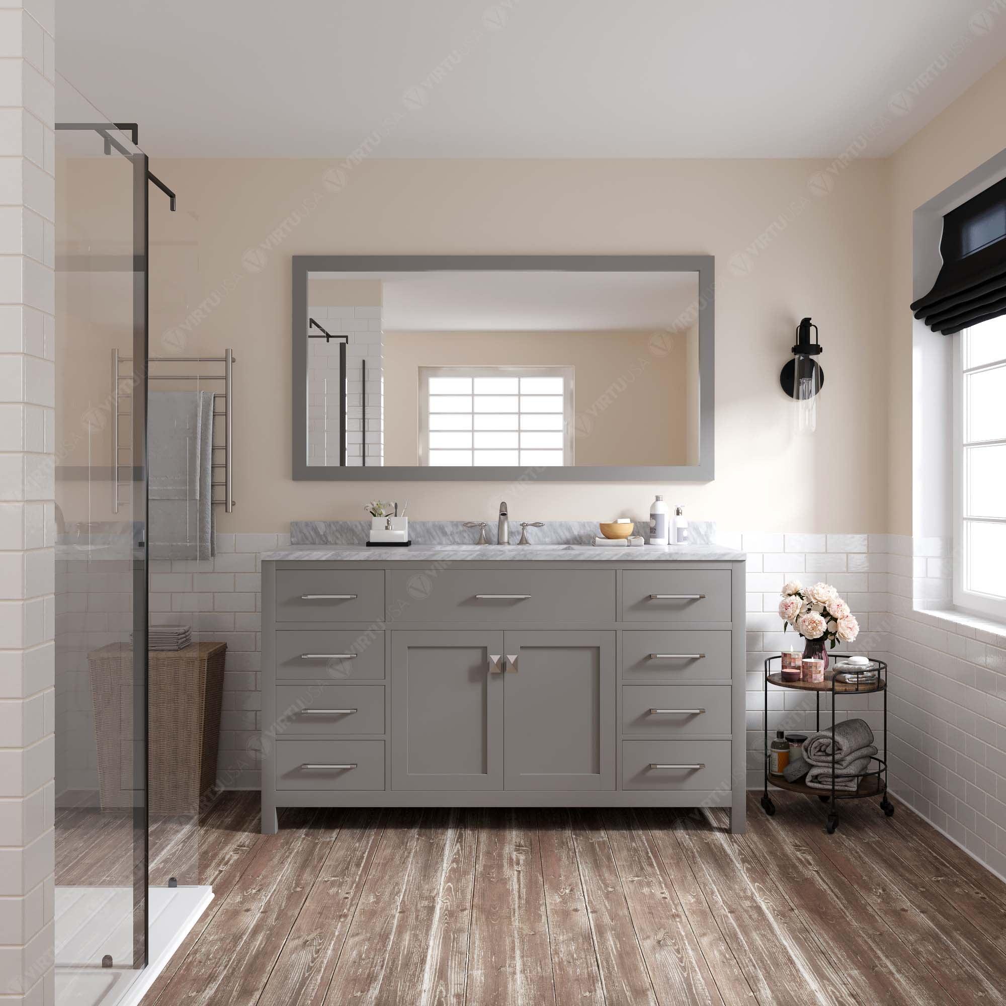 MS-2060-WMRO-CG Cashmere Gray Caroline 60" Single Bath Vanity Set with Italian Carrara White Marble Top & Oval Centered Basin, Mirror styled