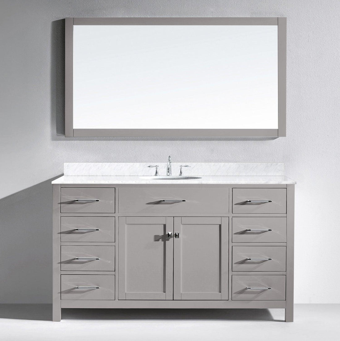 MS-2060-WMRO-CG Cashmere Gray Caroline 60" Single Bath Vanity Set with Italian Carrara White Marble Top & Oval Centered Basin, Mirror