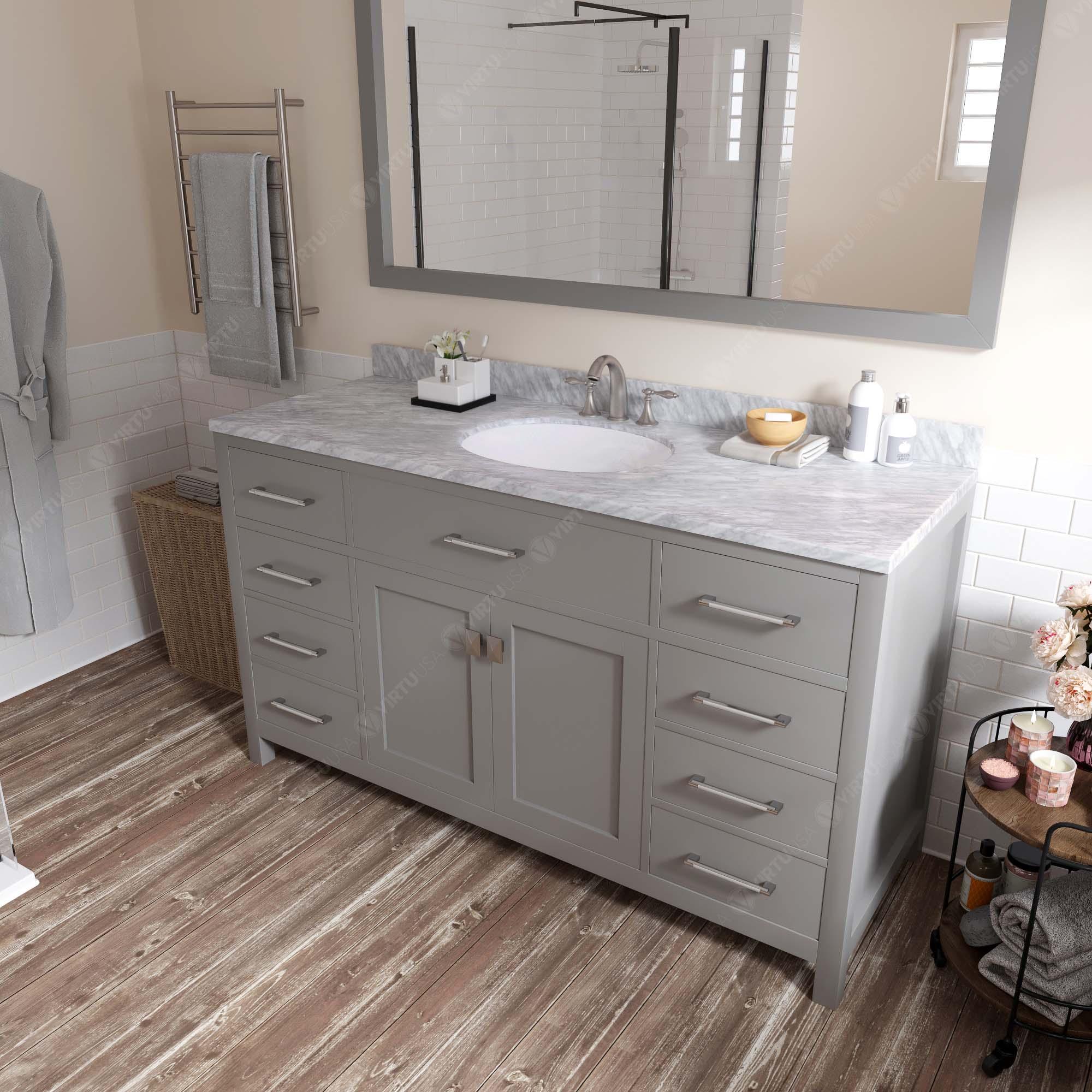 MS-2060-WMRO-CG Cashmere Gray Caroline 60" Single Bath Vanity Set with Italian Carrara White Marble Top & Oval Centered Basin, Mirror side