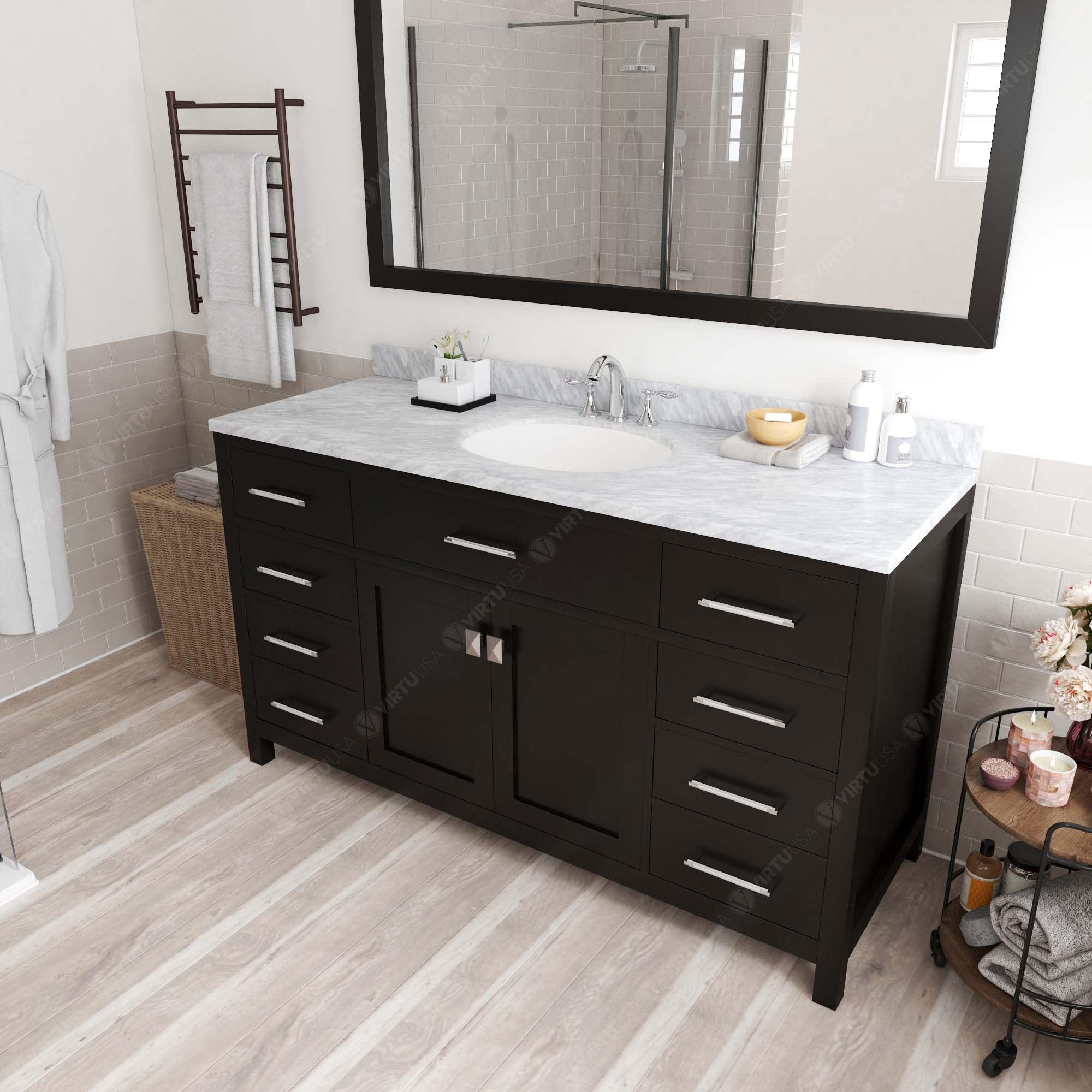 MS-2060-WMRO-ES Espresso Caroline 60" Single Bath Vanity Set with Italian Carrara White Marble Top & Oval Centered Basin, Mirror side