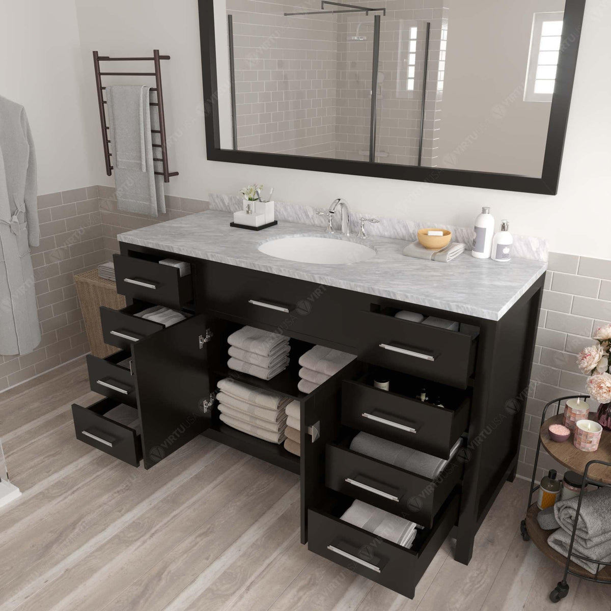 MS-2060-WMRO-ES Espresso Caroline 60" Single Bath Vanity Set with Italian Carrara White Marble Top & Oval Centered Basin, Mirror open