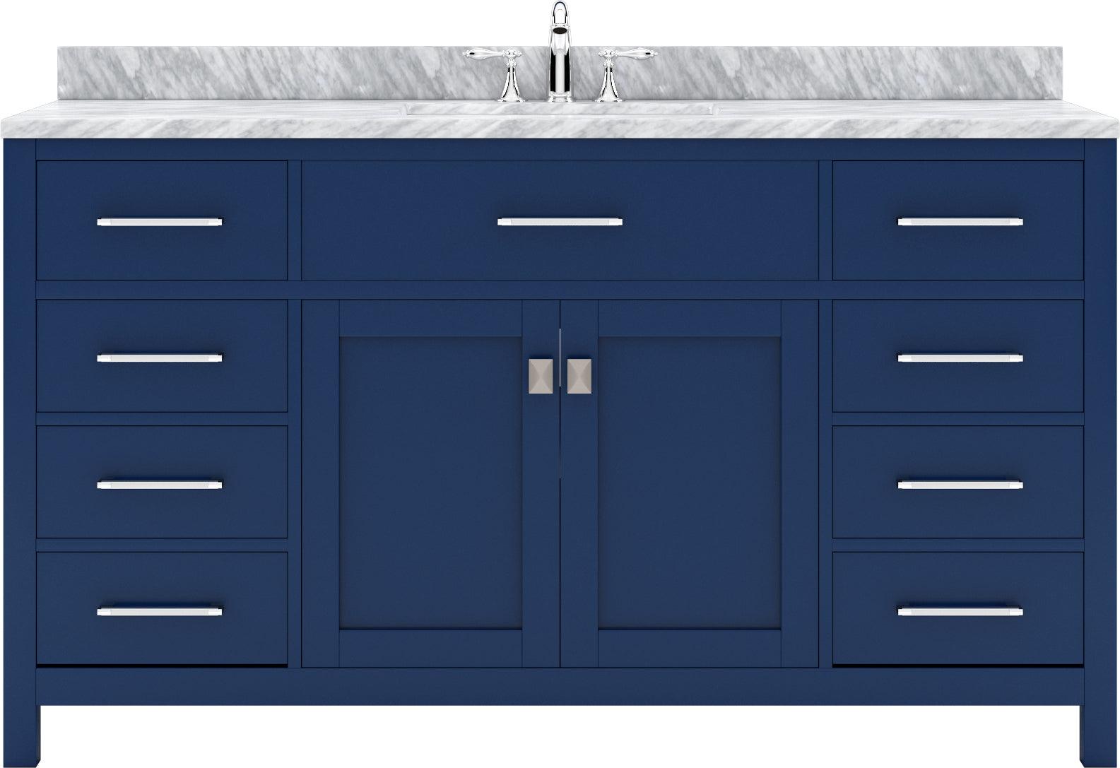 MS-2060-WMRO-FB Blue Caroline 60" Single Bath Vanity Set with Italian Carrara White Marble Top & Oval Centered Basin