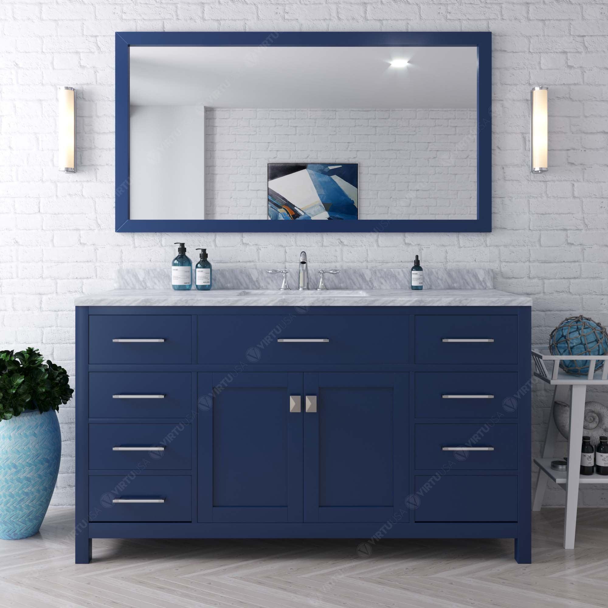 MS-2060-WMRO-FB Blue Caroline 60" Single Bath Vanity Set with Italian Carrara White Marble Top & Oval Centered Basin, Mirror styled