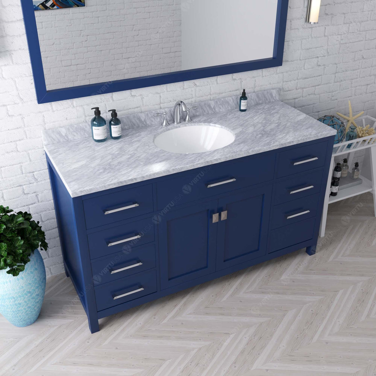 MS-2060-WMRO-FB Blue Caroline 60" Single Bath Vanity Set with Italian Carrara White Marble Top & Oval Centered Basin, Mirror up