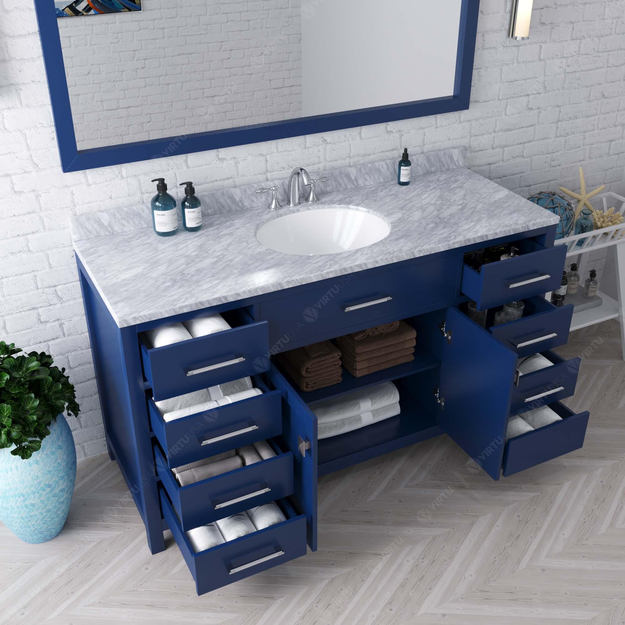 MS-2060-WMRO-FB Blue Caroline 60" Single Bath Vanity Set with Italian Carrara White Marble Top & Oval Centered Basin, Mirror open