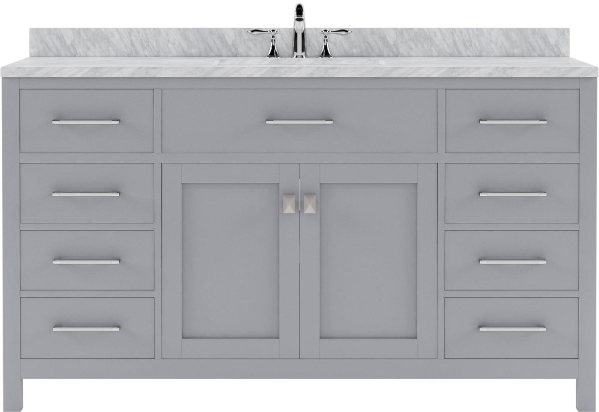 MS-2060-WMRO-GR Gray Caroline 60" Single Bath Vanity Set with Italian Carrara White Marble Top & Oval Centered Basin