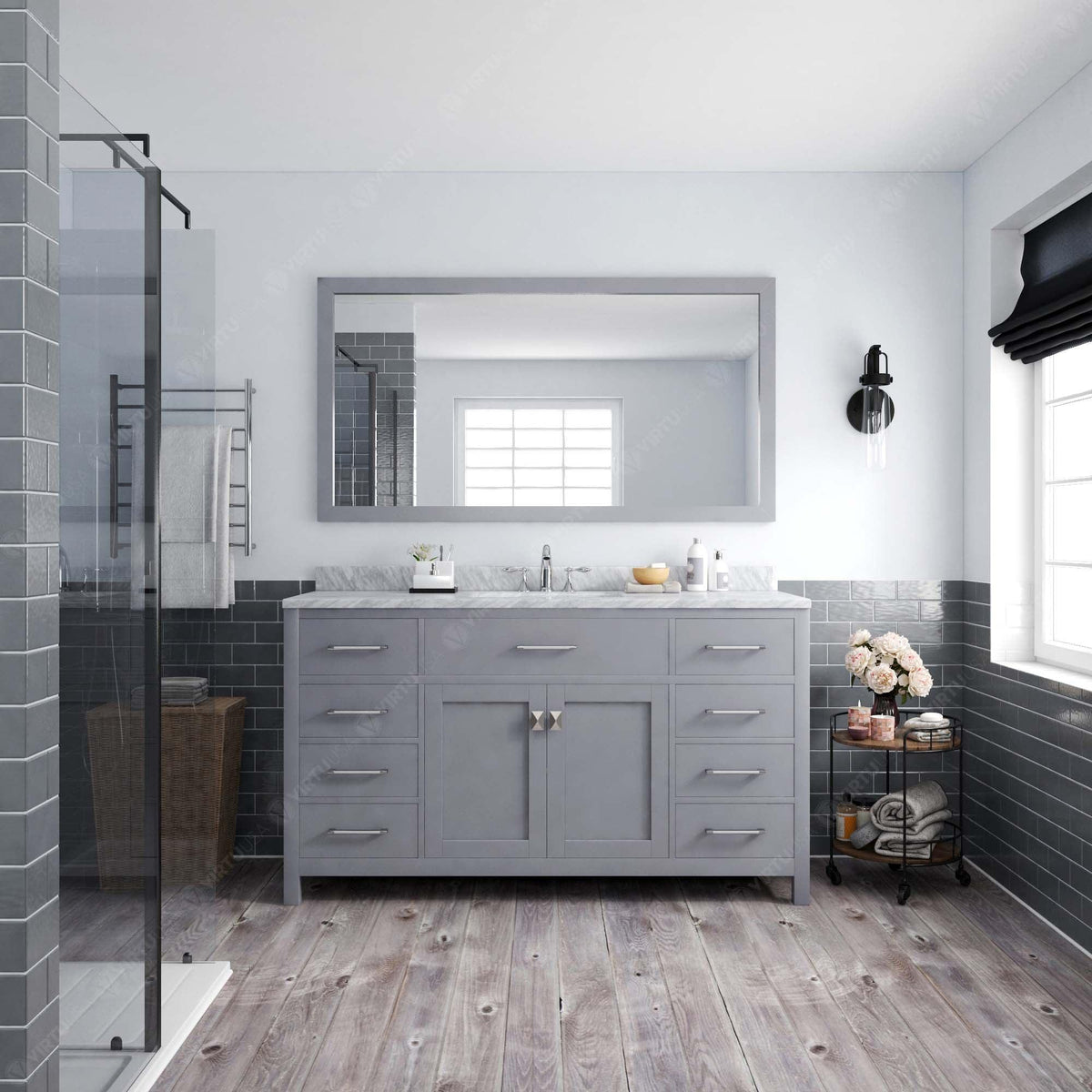 MS-2060-WMRO-GR Gray Caroline 60" Single Bath Vanity Set with Italian Carrara White Marble Top & Oval Centered Basin, Mirror styled