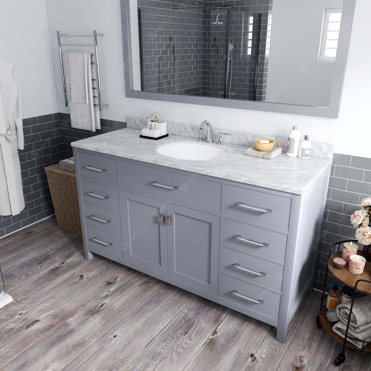 MS-2060-WMRO-GR Gray Caroline 60" Single Bath Vanity Set with Italian Carrara White Marble Top & Oval Centered Basin, Mirror side