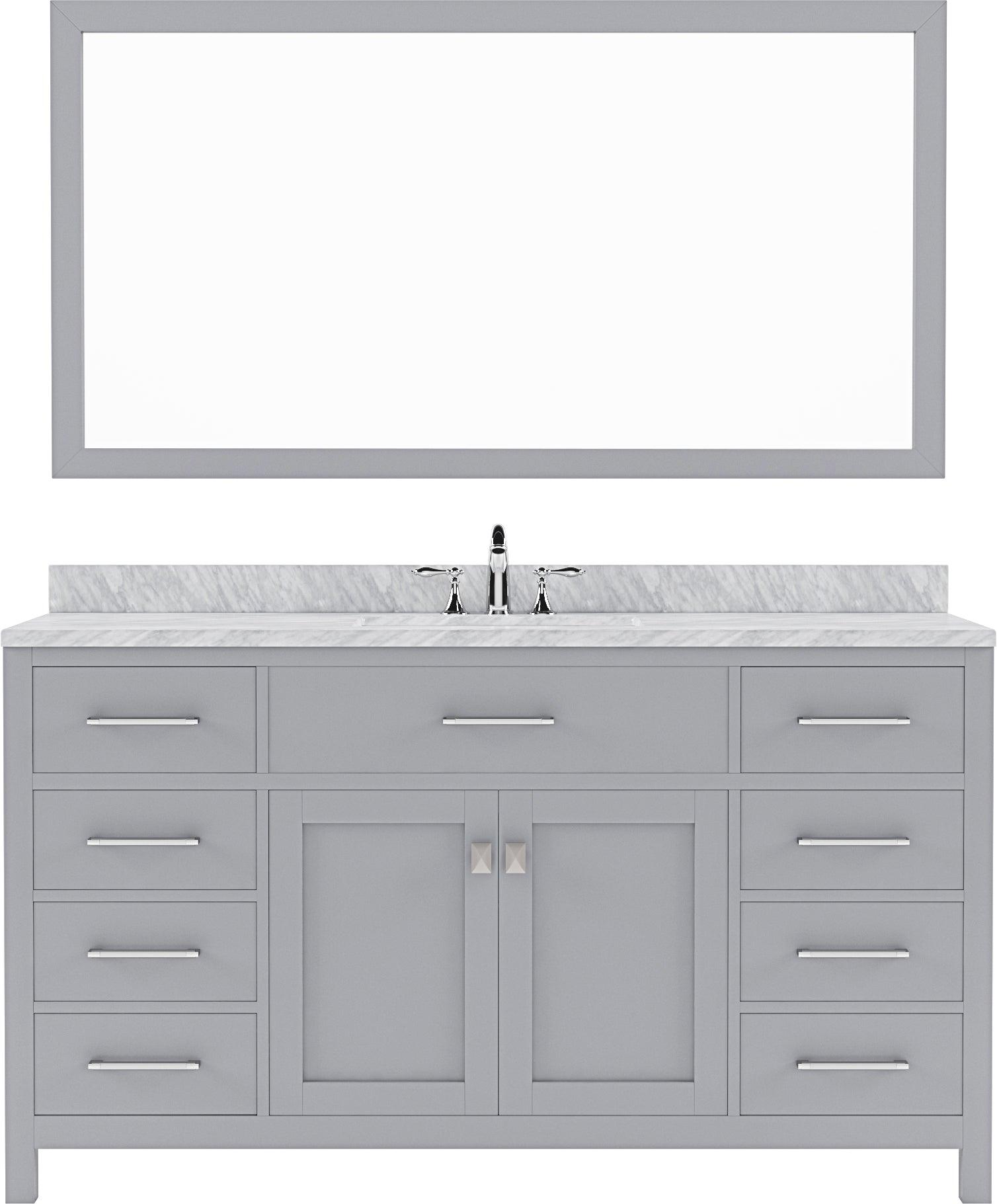 MS-2060-WMRO-GR Gray Caroline 60" Single Bath Vanity Set with Italian Carrara White Marble Top & Oval Centered Basin, Mirror