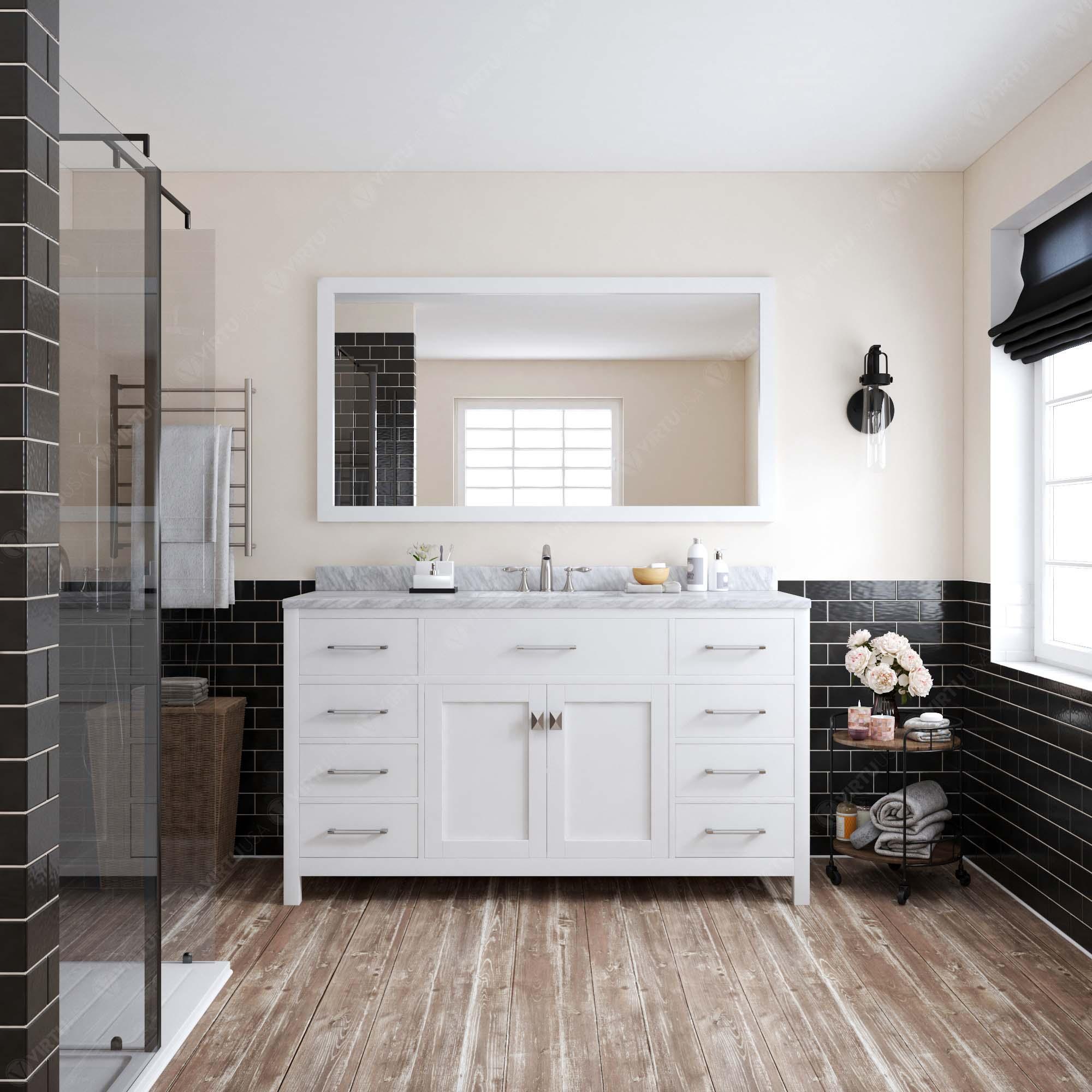MS-2060-WMRO-WH White Caroline 60" Single Bath Vanity Set with Italian Carrara White Marble Top & Oval Centered Basin, Mirror  styled