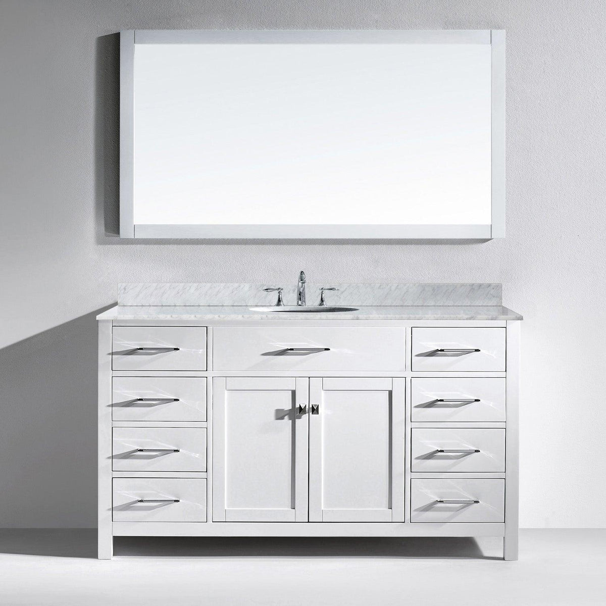 MS-2060-WMRO-WH White Caroline 60" Single Bath Vanity Set with Italian Carrara White Marble Top & Oval Centered Basin, Mirror  1