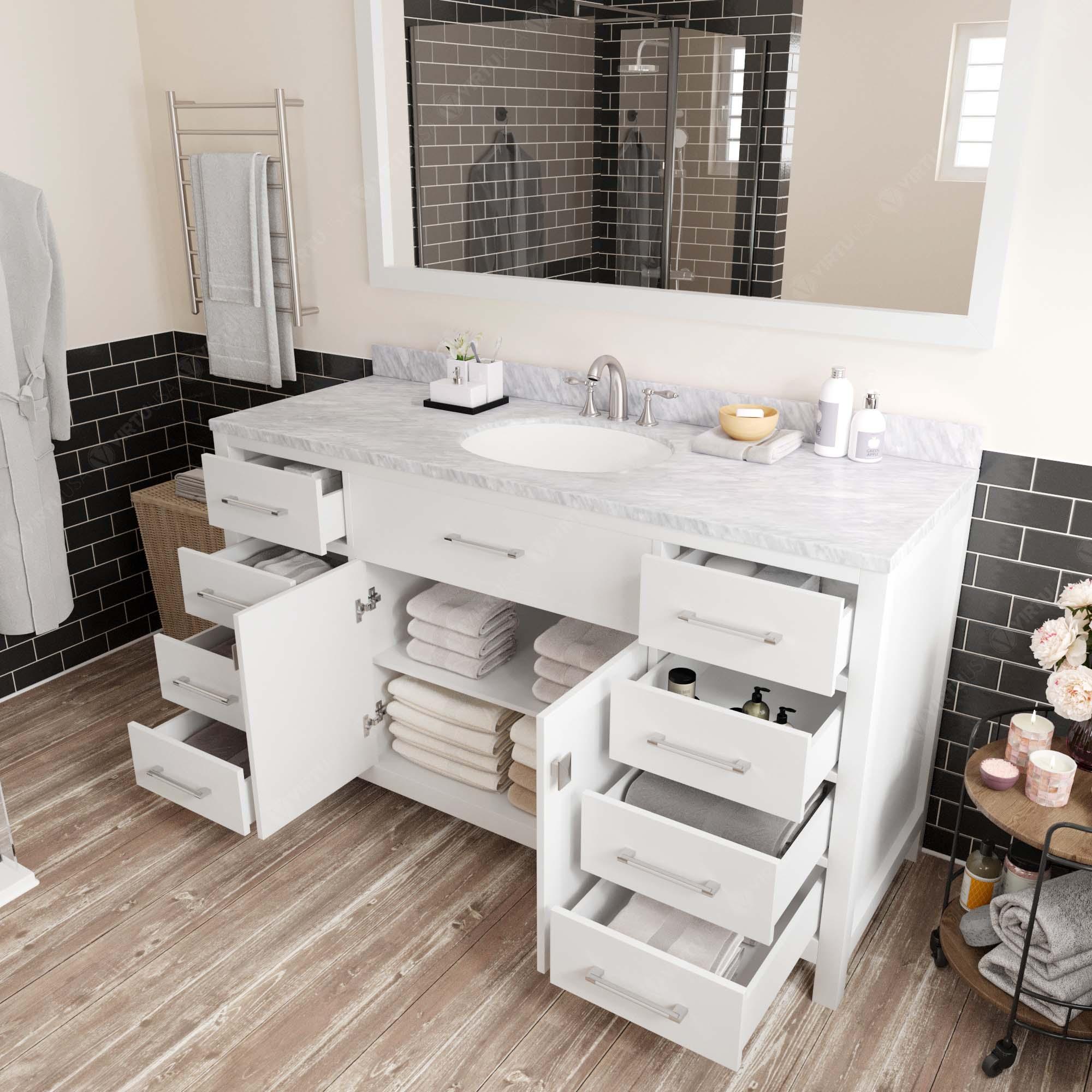 MS-2060-WMRO-WH White Caroline 60" Single Bath Vanity Set with Italian Carrara White Marble Top & Oval Centered Basin, Mirror  open