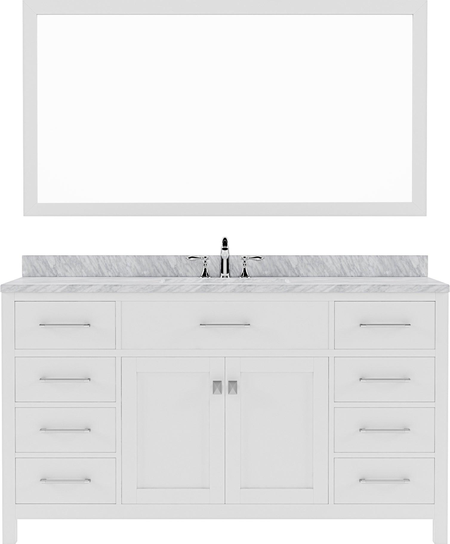 MS-2060-WMRO-WH White Caroline 60" Single Bath Vanity Set with Italian Carrara White Marble Top & Oval Centered Basin, Mirror 