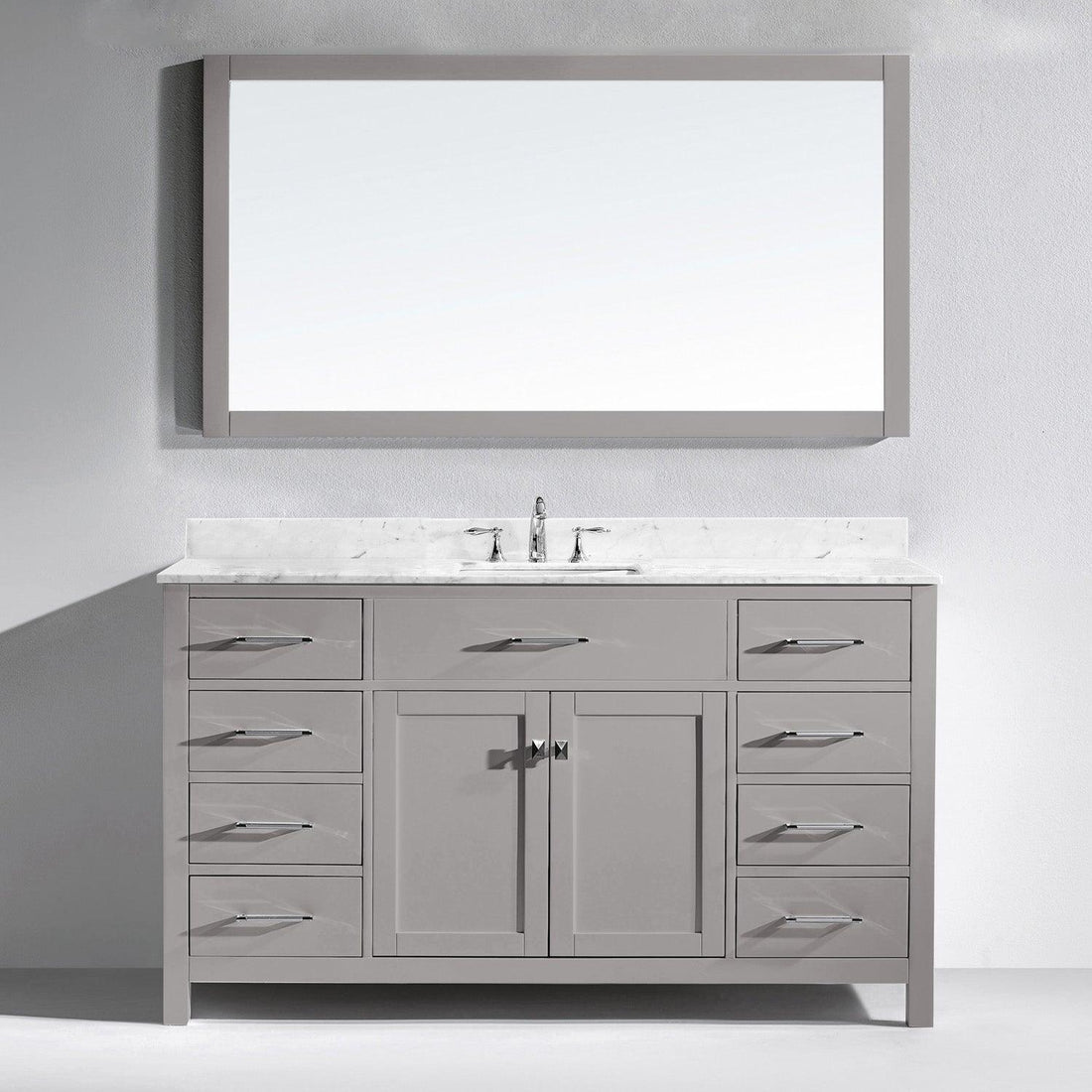 MS-2060-WMSQ-CG Cashmere Gray Caroline 60" Single Bath Vanity Set with Italian Carrara White Marble Top & Rectangular Centered Basin, Mirror