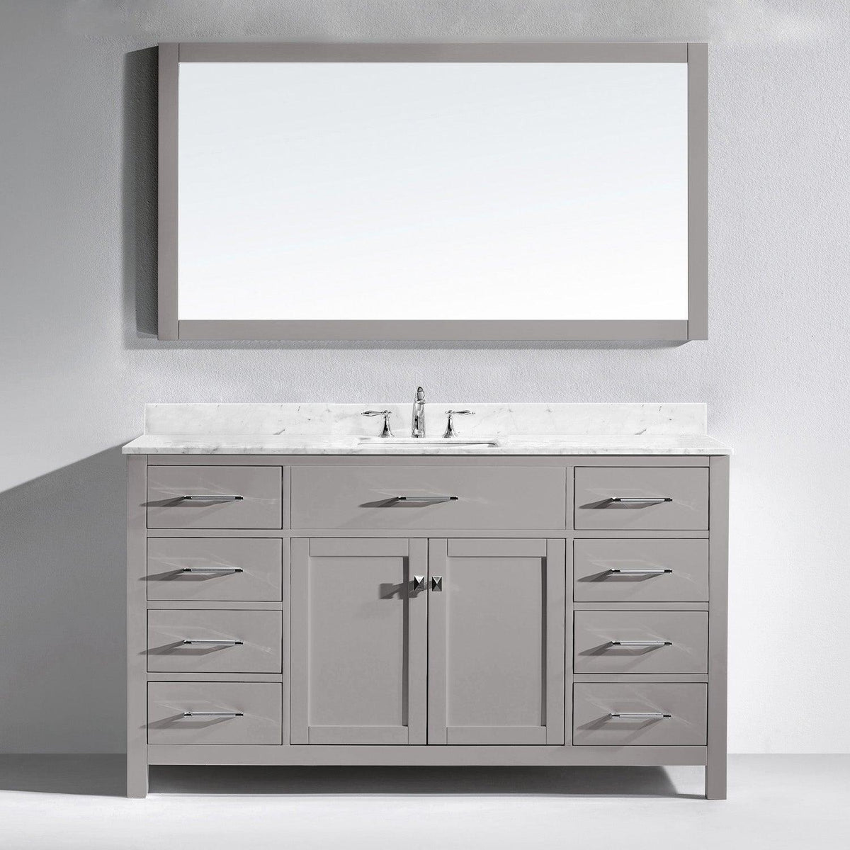 MS-2060-WMSQ-CG Cashmere Gray Caroline 60" Single Bath Vanity Set with Italian Carrara White Marble Top & Rectangular Centered Basin, Mirror 1