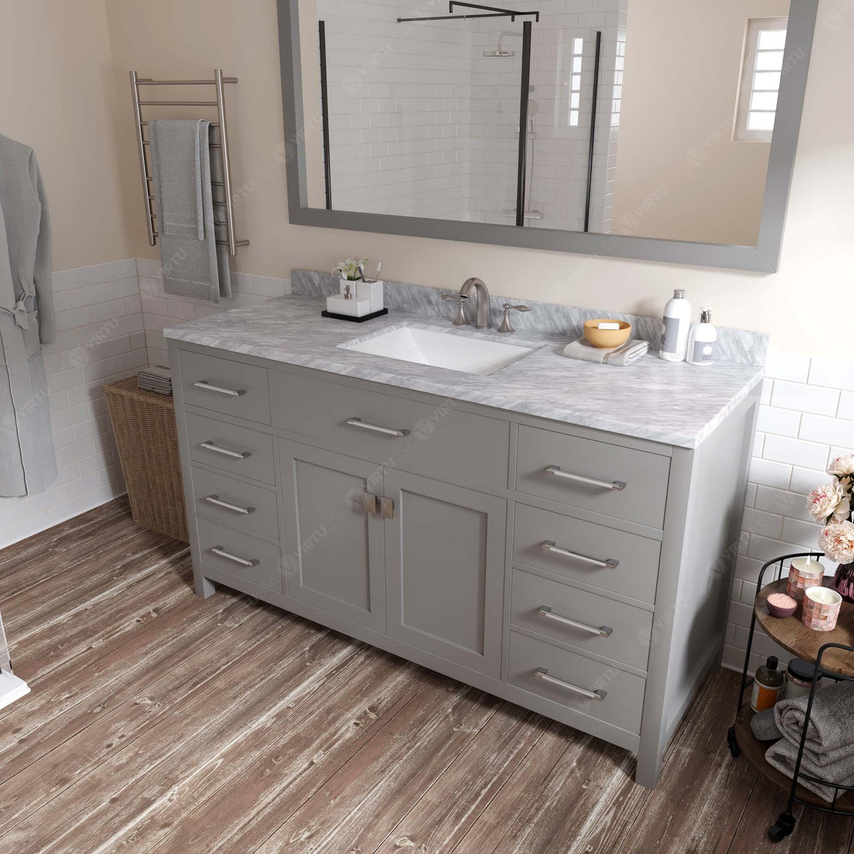 MS-2060-WMSQ-CG Cashmere Gray Caroline 60" Single Bath Vanity Set with Italian Carrara White Marble Top & Rectangular Centered Basin, Mirror side