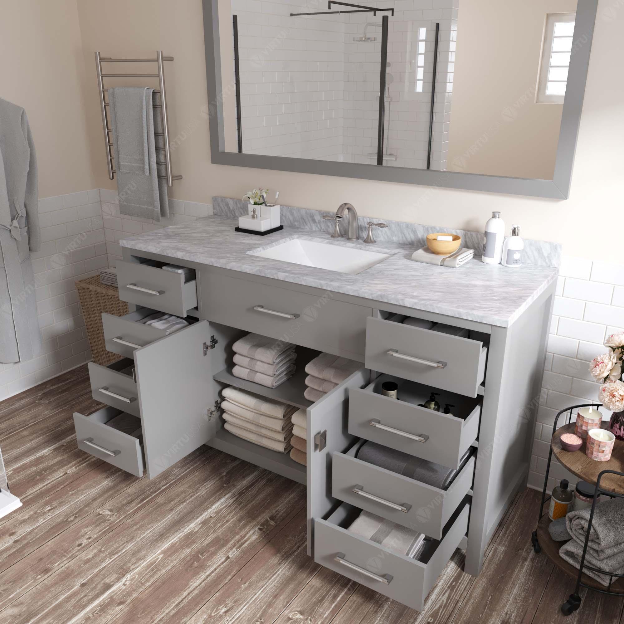 MS-2060-WMSQ-CG Cashmere Gray Caroline 60" Single Bath Vanity Set with Italian Carrara White Marble Top & Rectangular Centered Basin, Mirror open