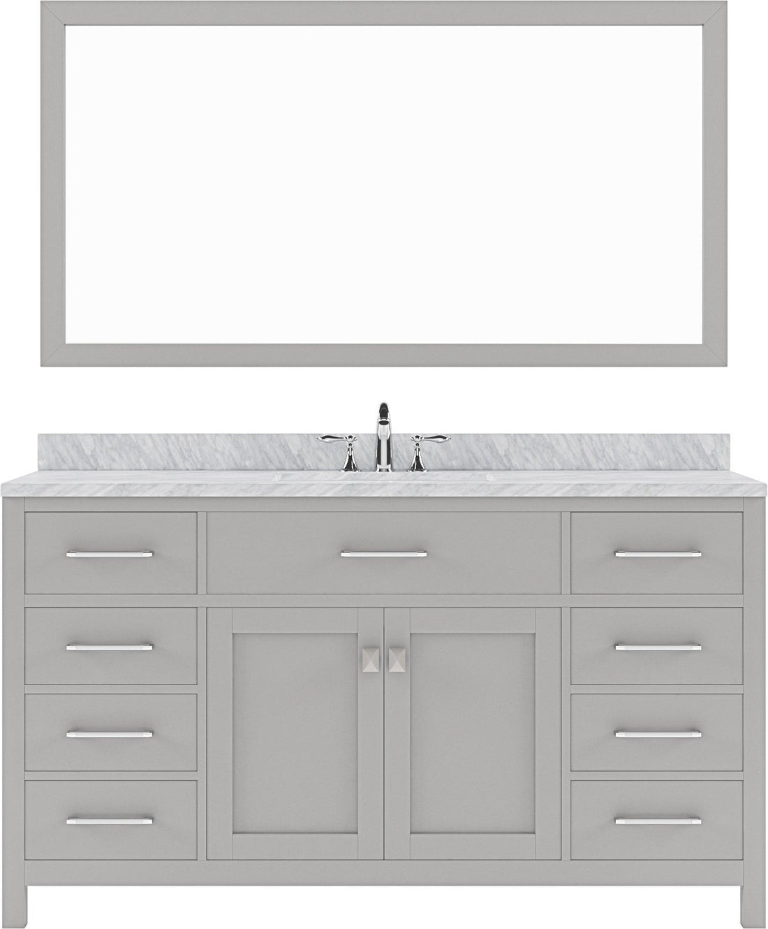 MS-2060-WMSQ-CG Cashmere Gray Caroline 60" Single Bath Vanity Set with Italian Carrara White Marble Top & Rectangular Centered Basin, Mirror