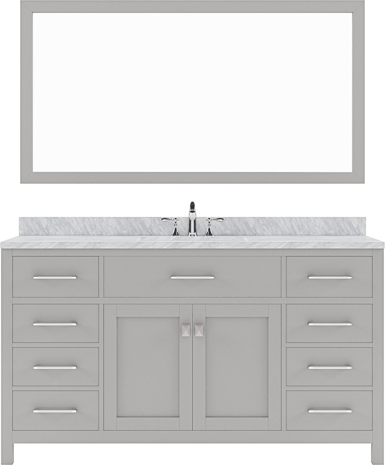 MS-2060-WMSQ-CG Cashmere Gray Caroline 60" Single Bath Vanity Set with Italian Carrara White Marble Top & Rectangular Centered Basin, Mirror
