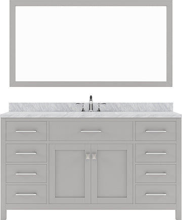 MS-2060-WMSQ-CG Cashmere Gray Caroline 60" Single Bath Vanity Set with Italian Carrara White Marble Top & Rectangular Centered Basin, Mirror