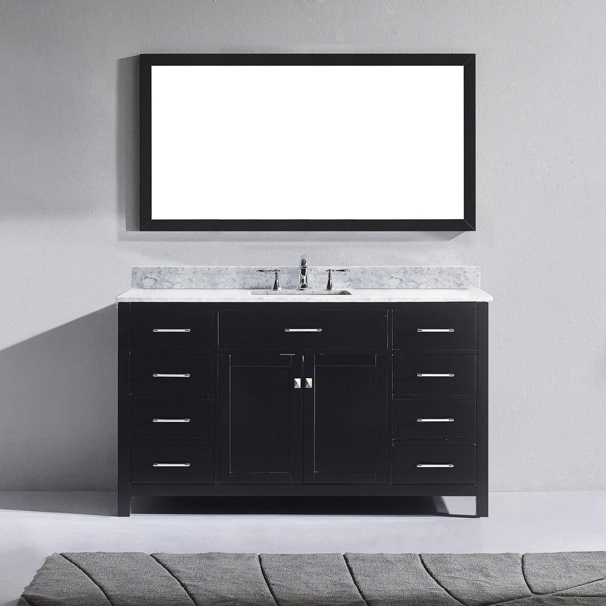 MS-2060-WMSQ-ES Espresso Caroline 60" Single Bath Vanity Set with Italian Carrara White Marble Top & Rectangular Centered Basin, Mirror