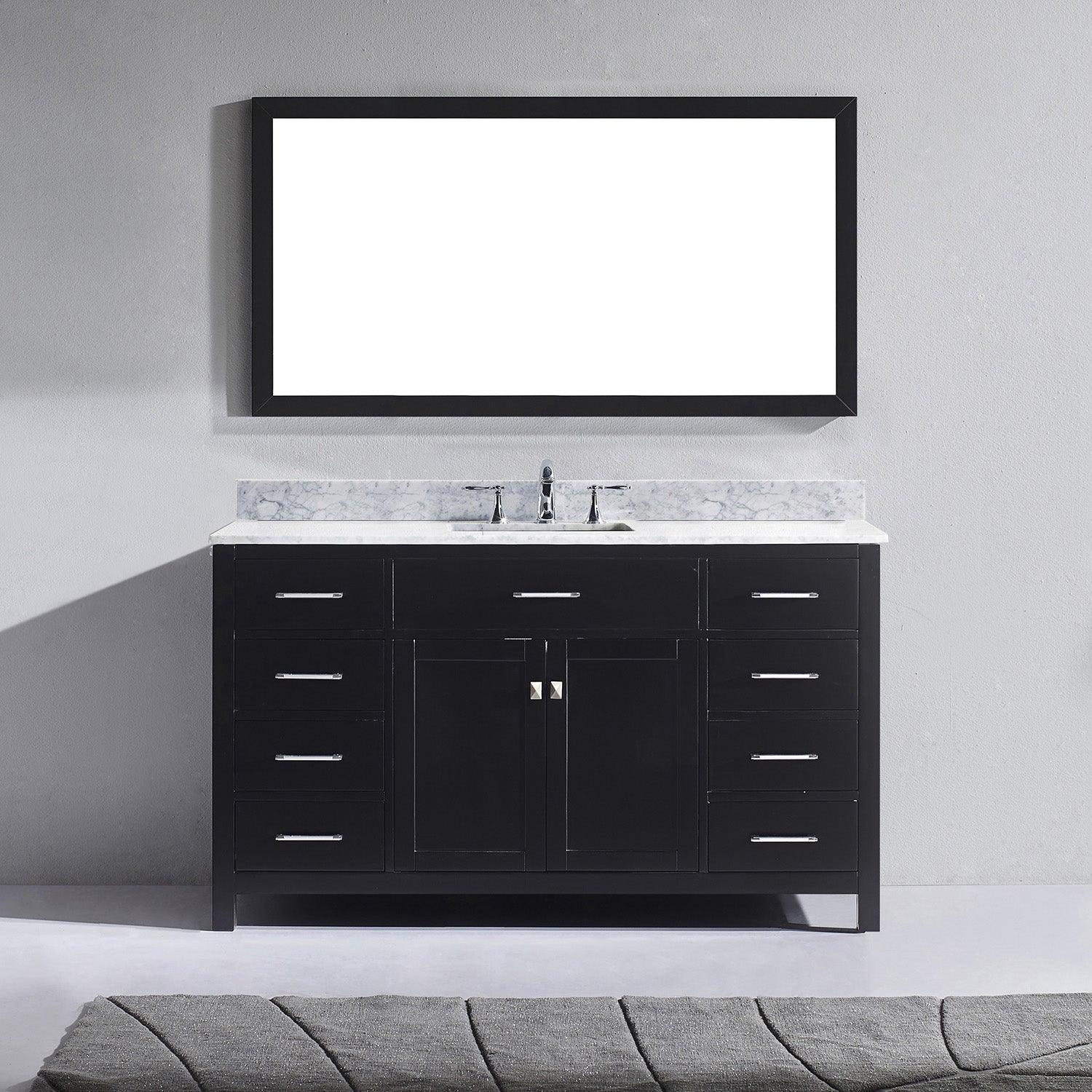 MS-2060-WMSQ-ES Espresso Caroline 60" Single Bath Vanity Set with Italian Carrara White Marble Top & Rectangular Centered Basin, Mirror