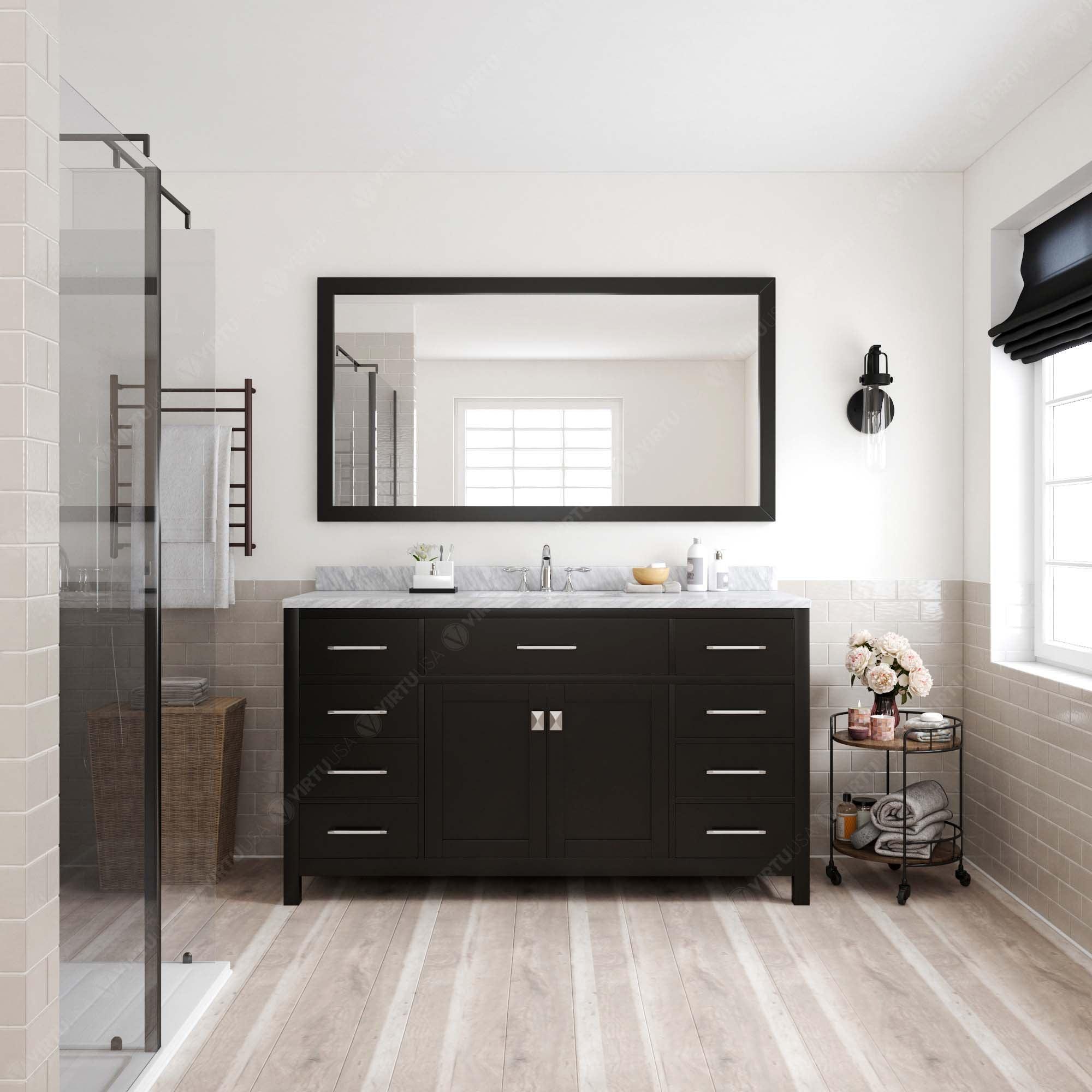 MS-2060-WMSQ-ES Espresso Caroline 60" Single Bath Vanity Set with Italian Carrara White Marble Top & Rectangular Centered Basin, Mirror styled