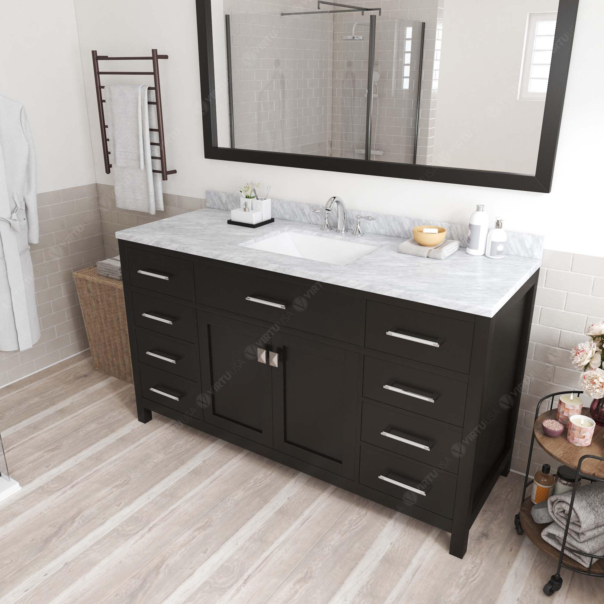 MS-2060-WMSQ-ES Espresso Caroline 60" Single Bath Vanity Set with Italian Carrara White Marble Top & Rectangular Centered Basin, Mirror side