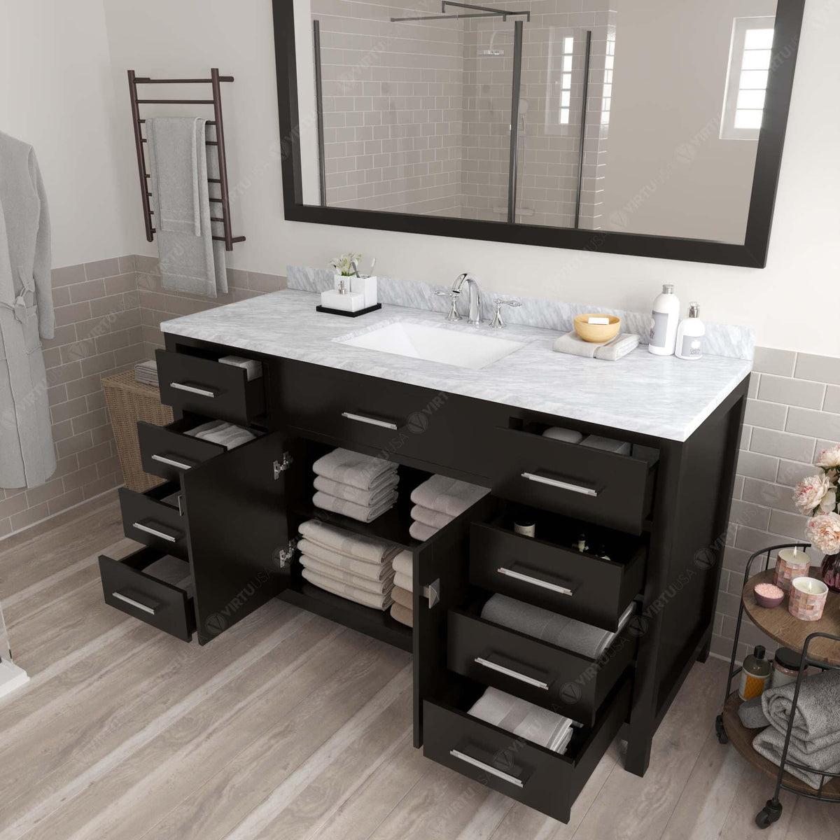 MS-2060-WMSQ-ES Espresso Caroline 60" Single Bath Vanity Set with Italian Carrara White Marble Top & Rectangular Centered Basin, Mirror open